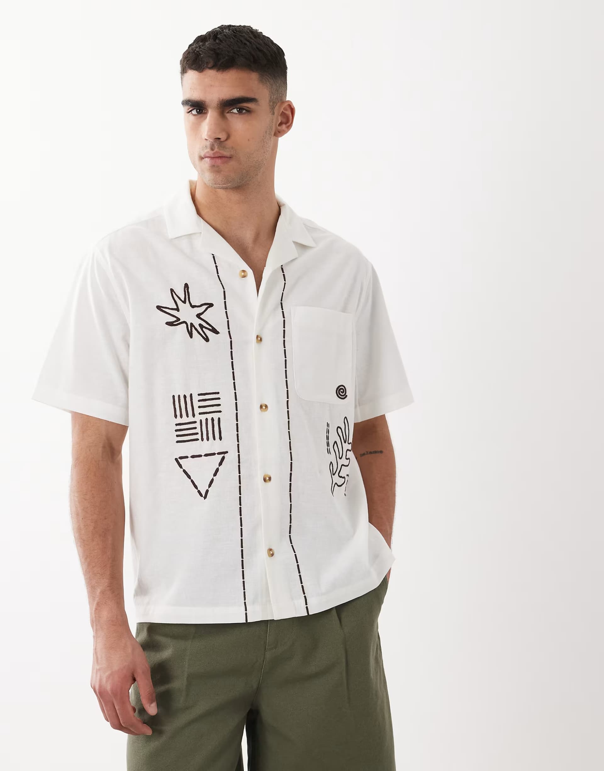 ASOS ASOS DESIGN relaxed shirt with linen and floral embroidery in beige