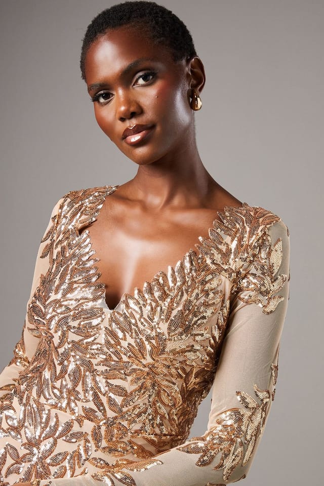 Coast Coast Women's Long Sleeve Floral Sequin Maxi Dress in Gold - 3