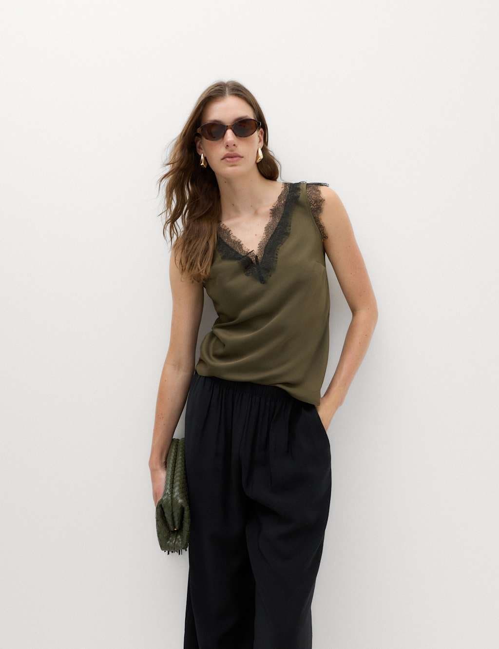 Marks & Spencer M&S Satin V-Neck Lace Insert Cami Top Olive Mix