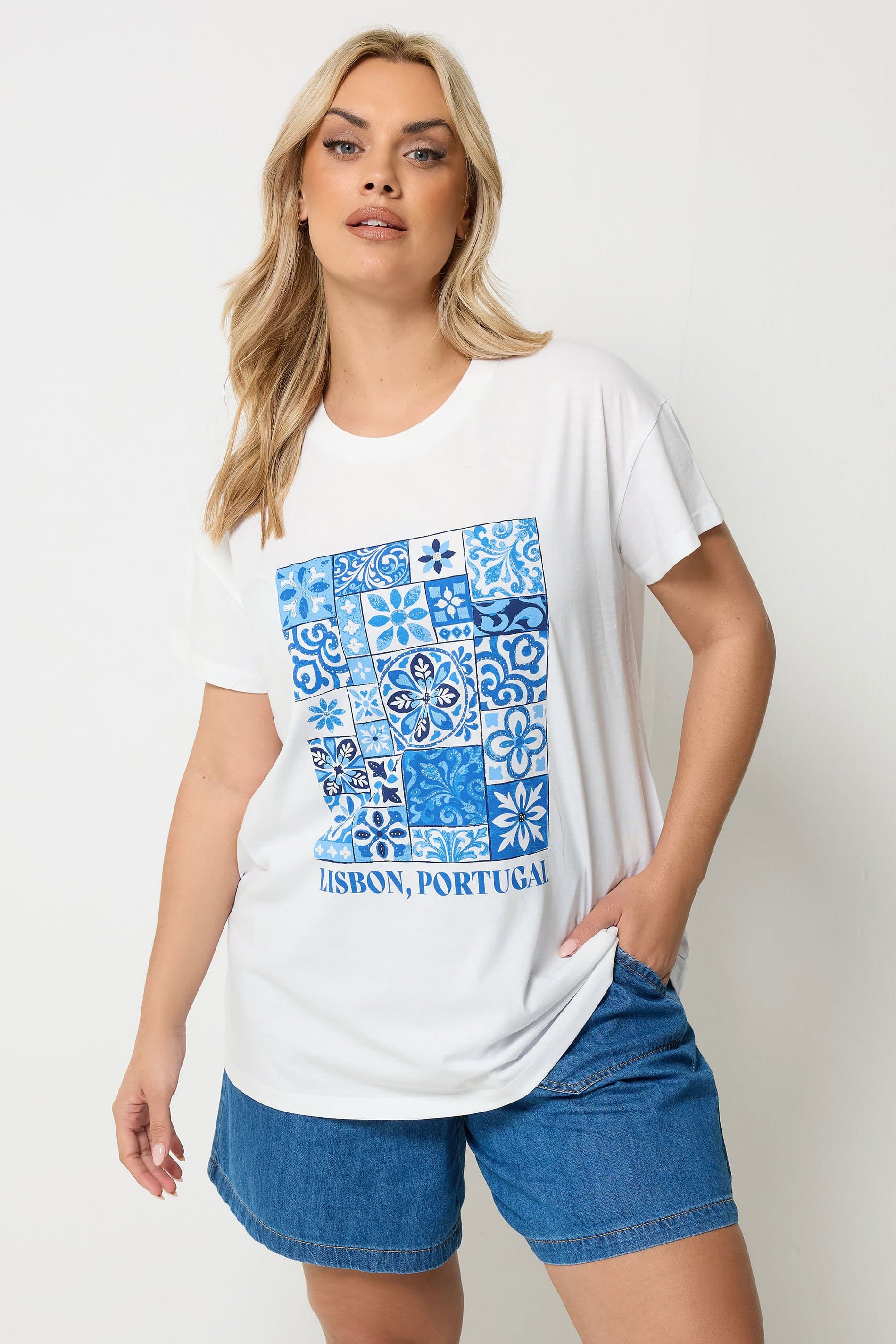 Yours Plus Size White & Blue 'Lisbon Portugal' Graphic Tshirt