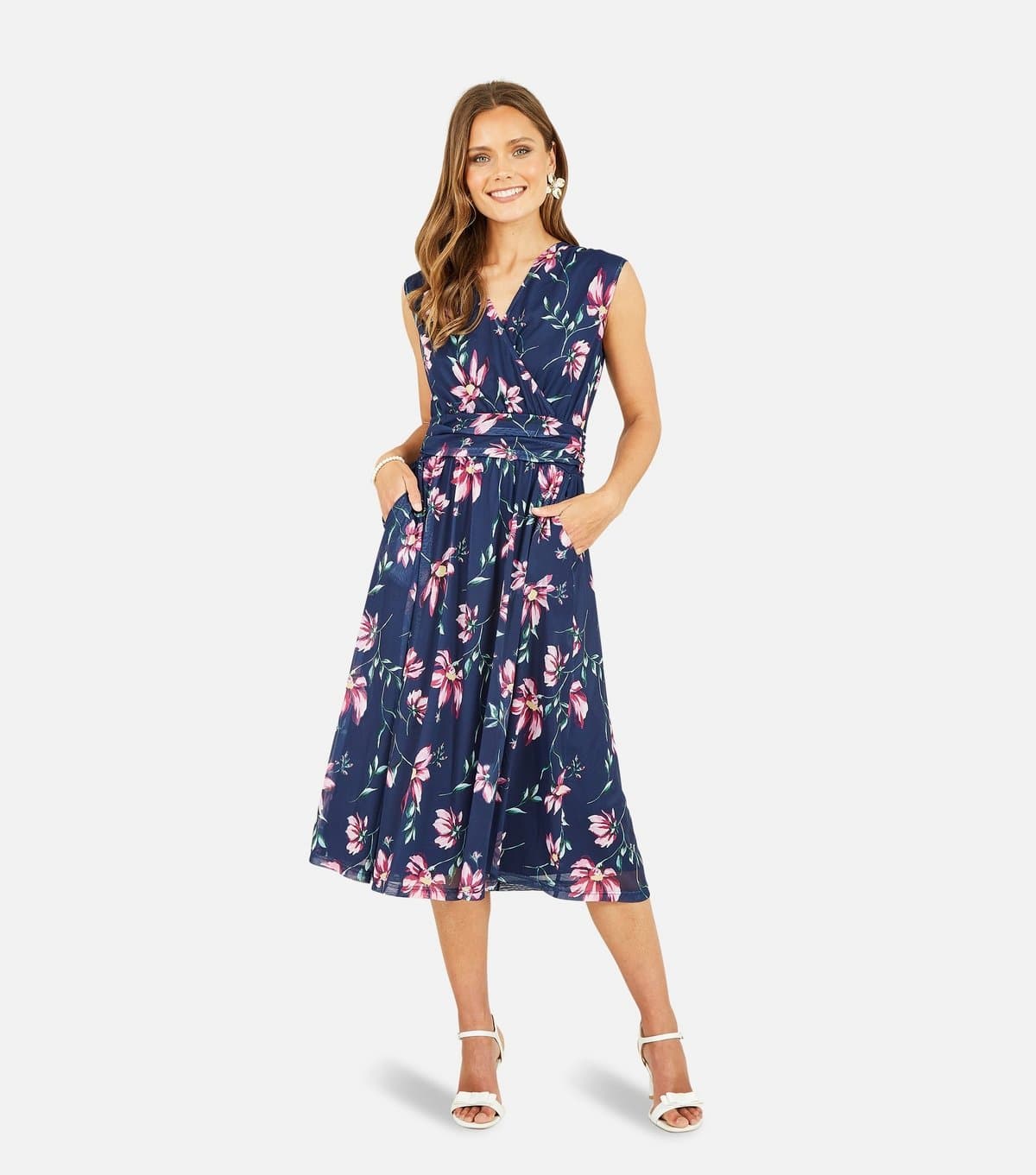 Yumi Women's Blue Floral Sleeveless Wrap Midi Dress Yumi New Look