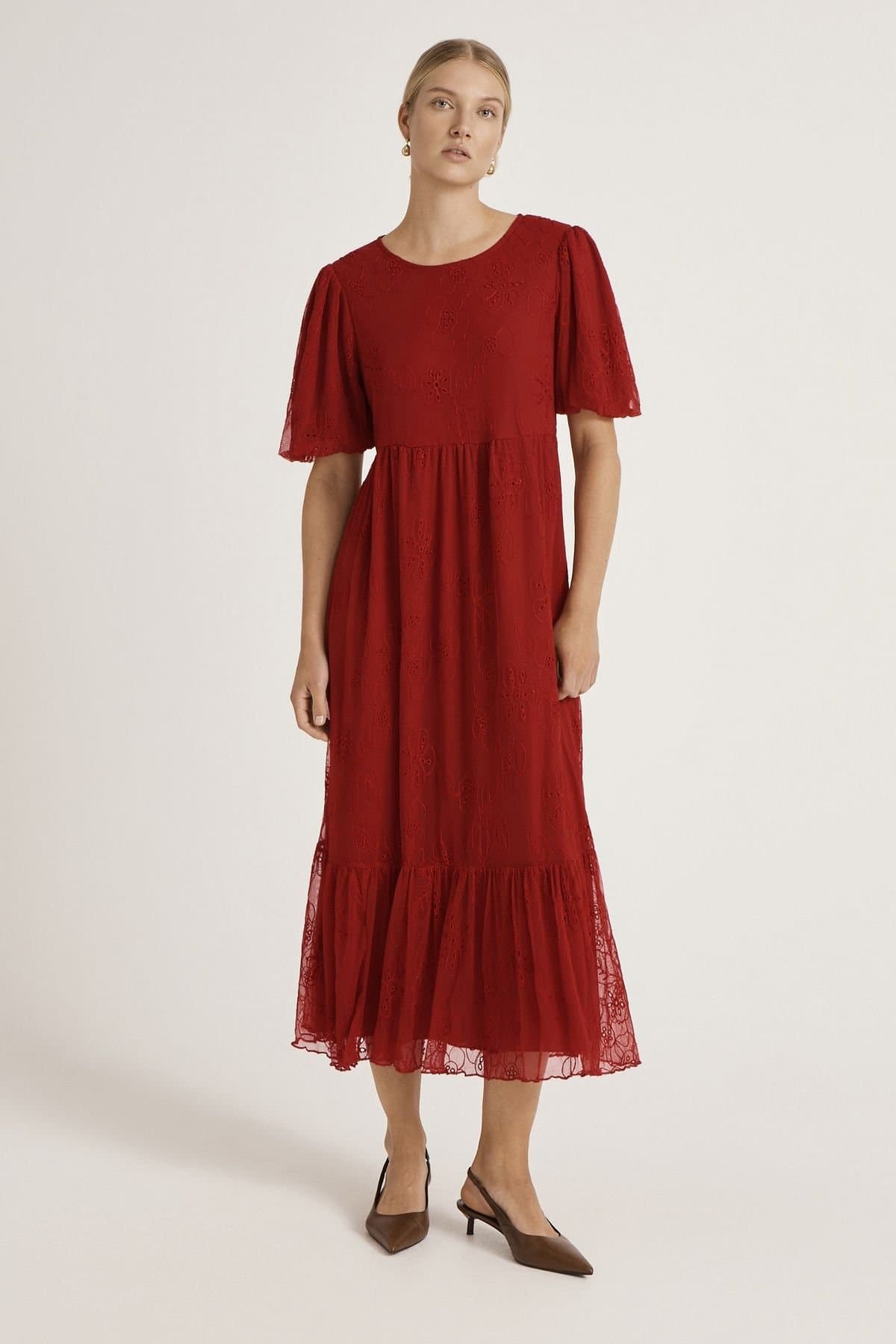 Finery London Finery London Women's Yasmine Floral Mesh Tiered Midi Dress in Dark Red