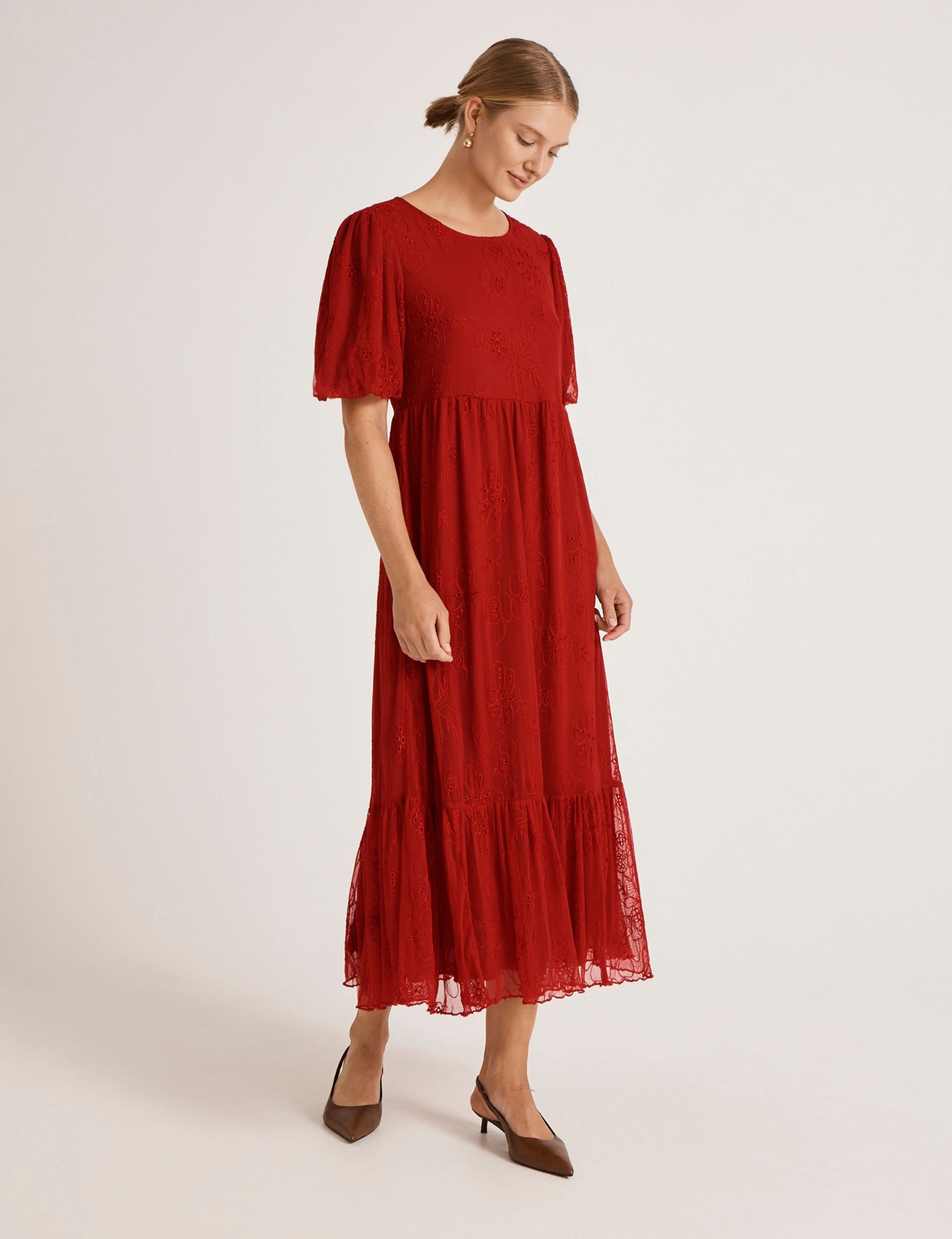 Finery London Finery London Women's Yasmine Floral Mesh Tiered Midi Dress in Dark Red - 2