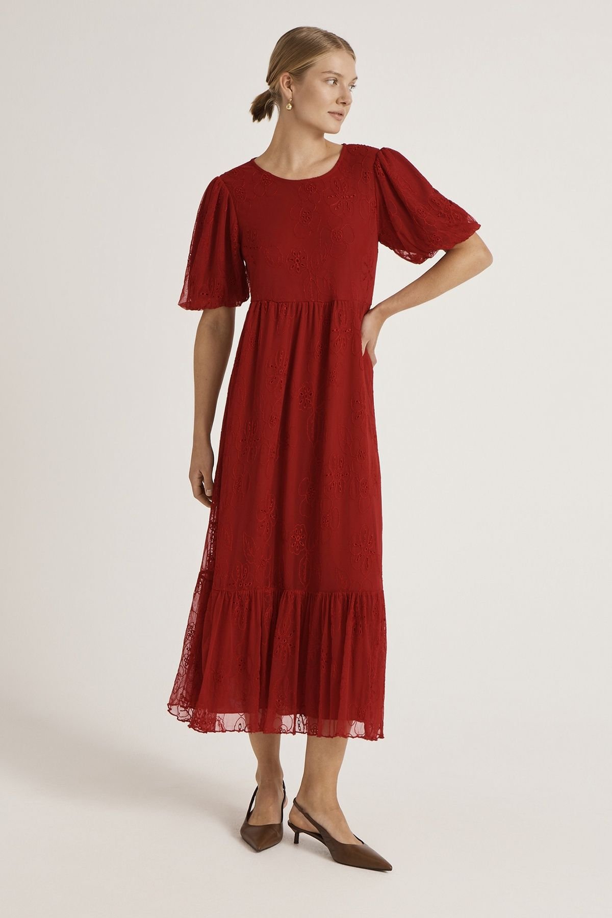 Finery London Finery London Women's Yasmine Floral Mesh Tiered Midi Dress in Dark Red - 3