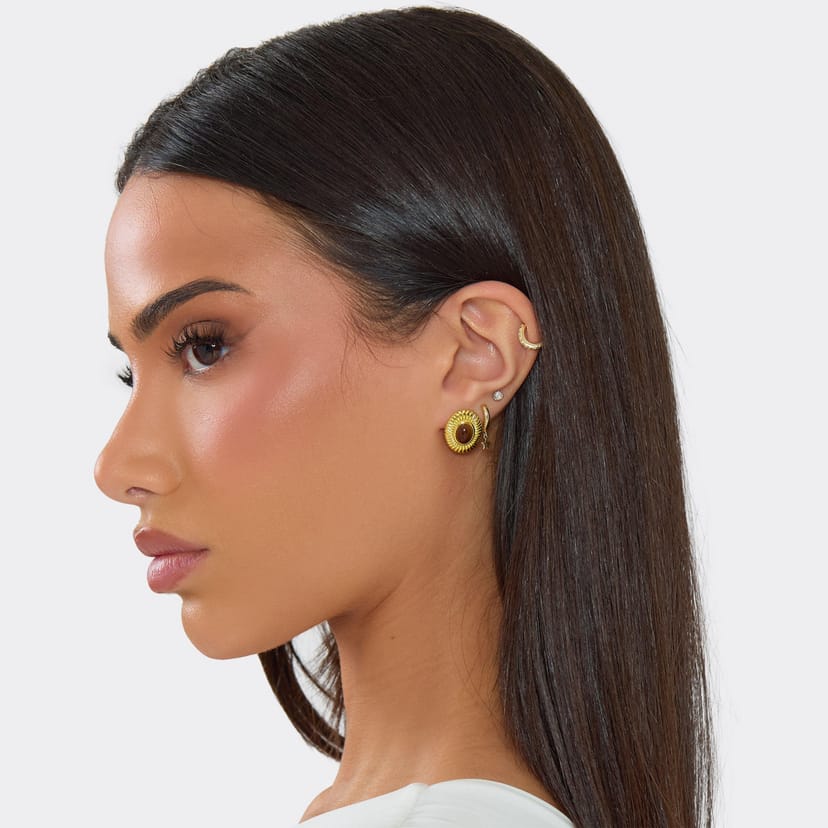 EGO Brown Gem Ribbed Detail Round Stud Earrings In Gold, Women's Size UK 0 - 1
