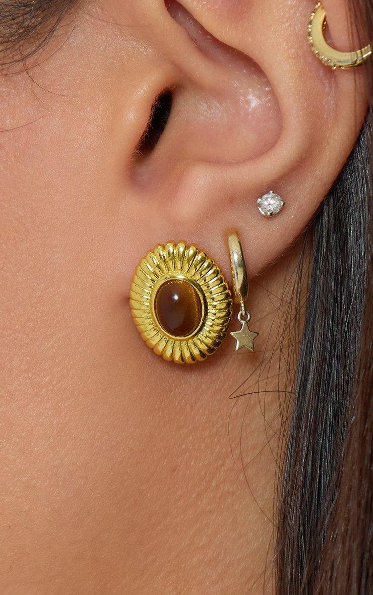 EGO Brown Gem Ribbed Detail Round Stud Earrings In Gold, Women's Size UK 0 - 2