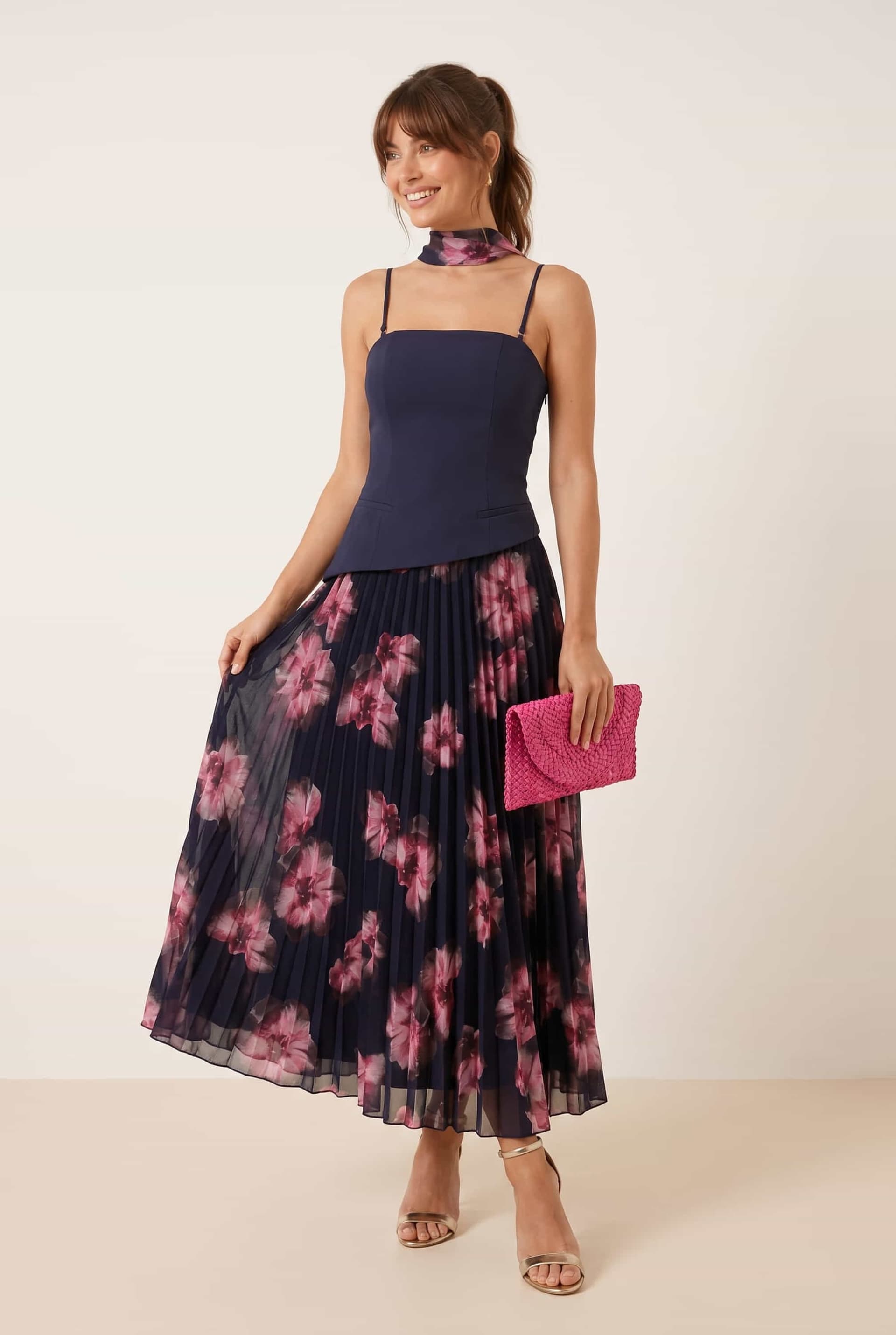 Style Cheat Style Cheat Women's Viola Navy Scarf Bandeau Pleat Midi Dress
