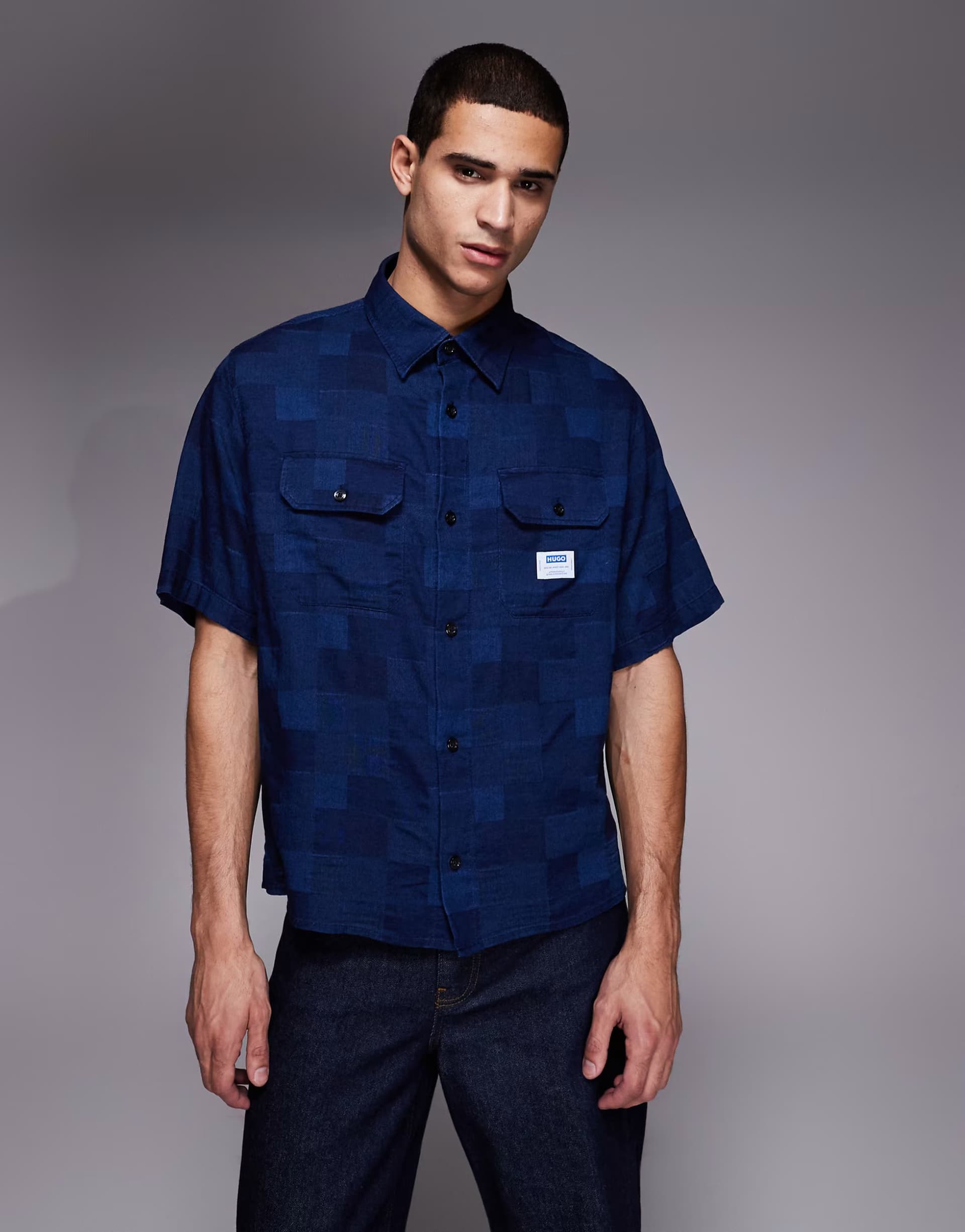 ASOS Hugo Blue oversized patterned shirt in dark blue