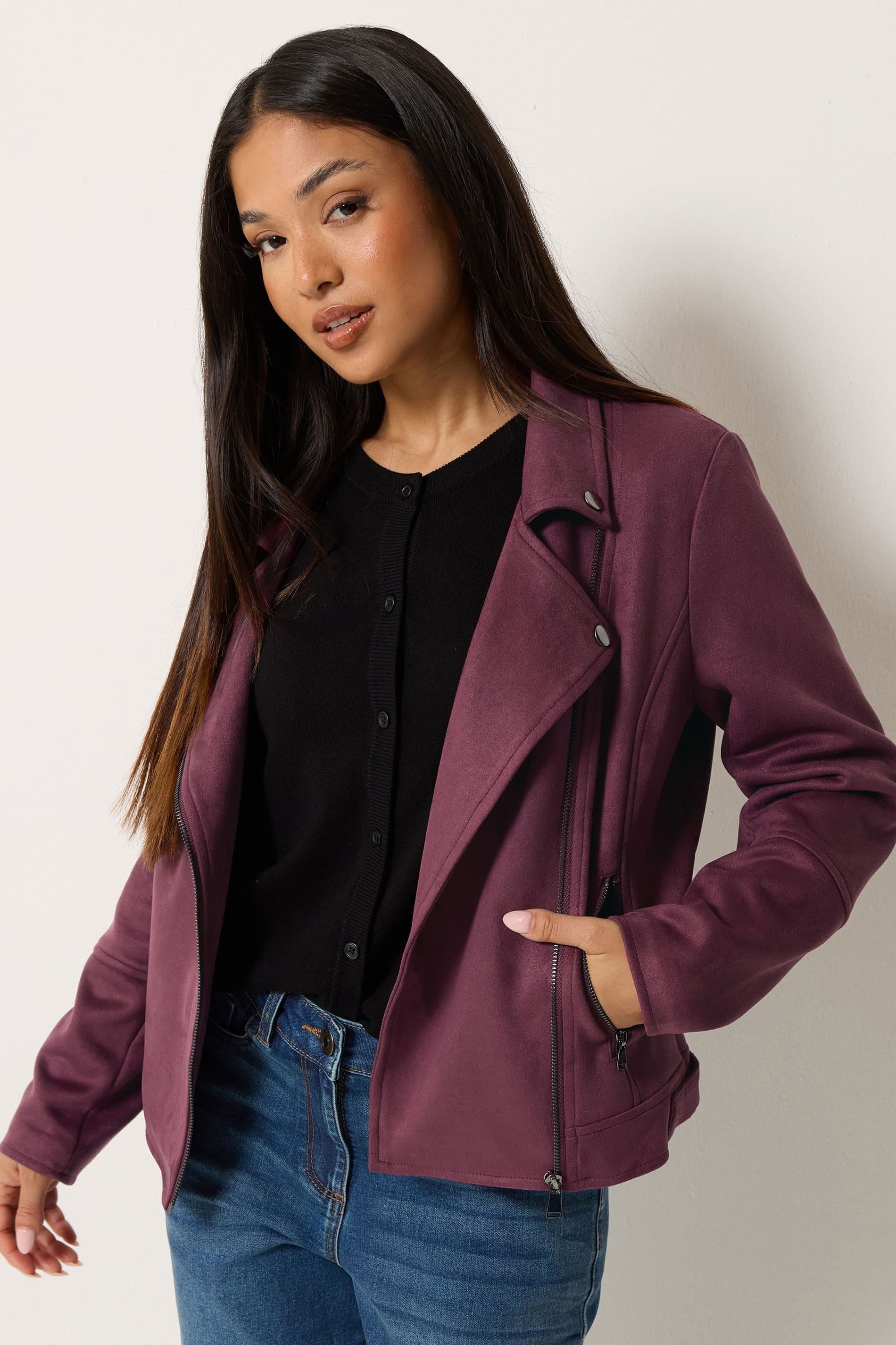 M&Co M&Co Women's Petite Faux Suede Biker Jacket in Purple