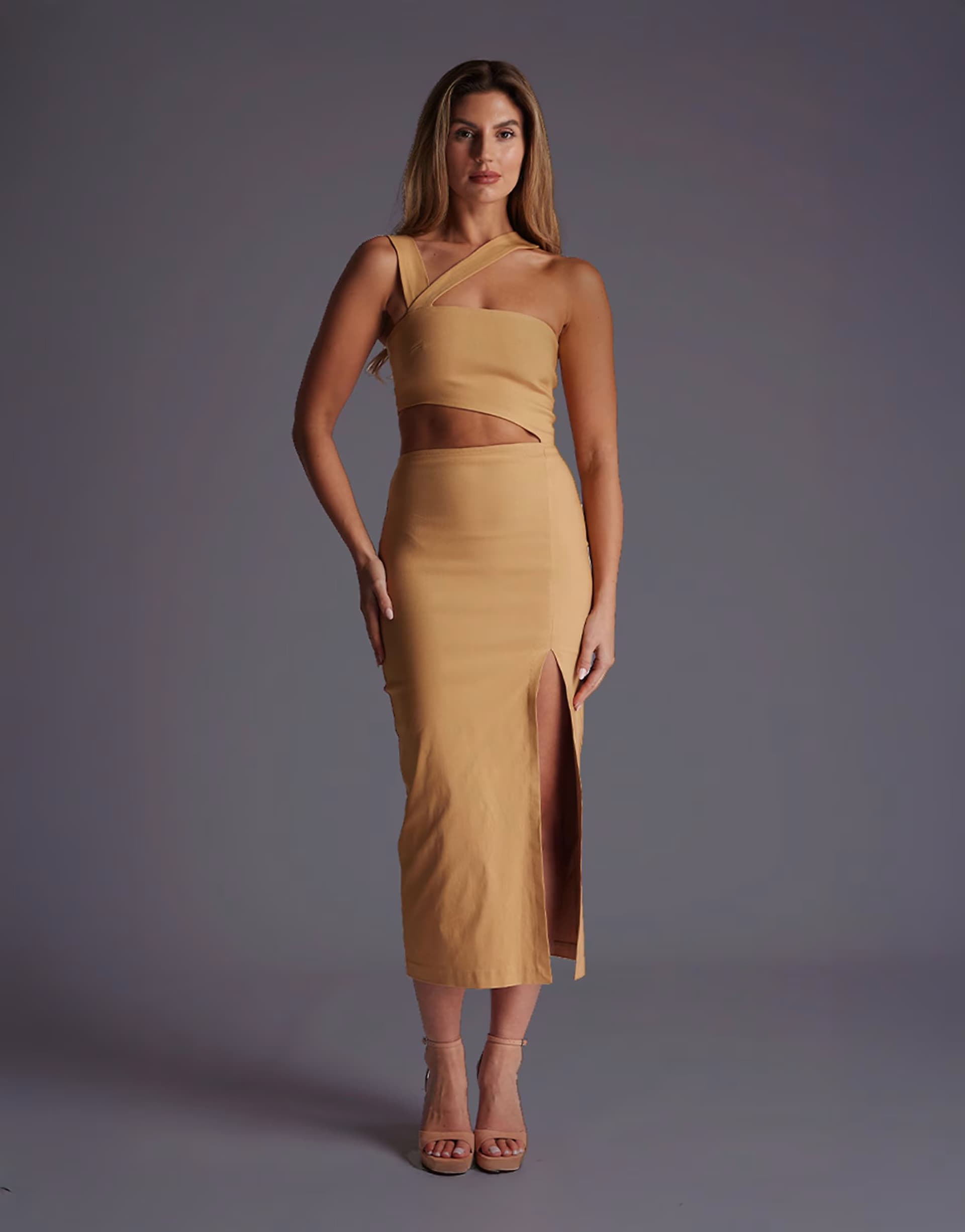 ASOS Vesper Asymmetric neckline midaxi dress with cut outs in camel