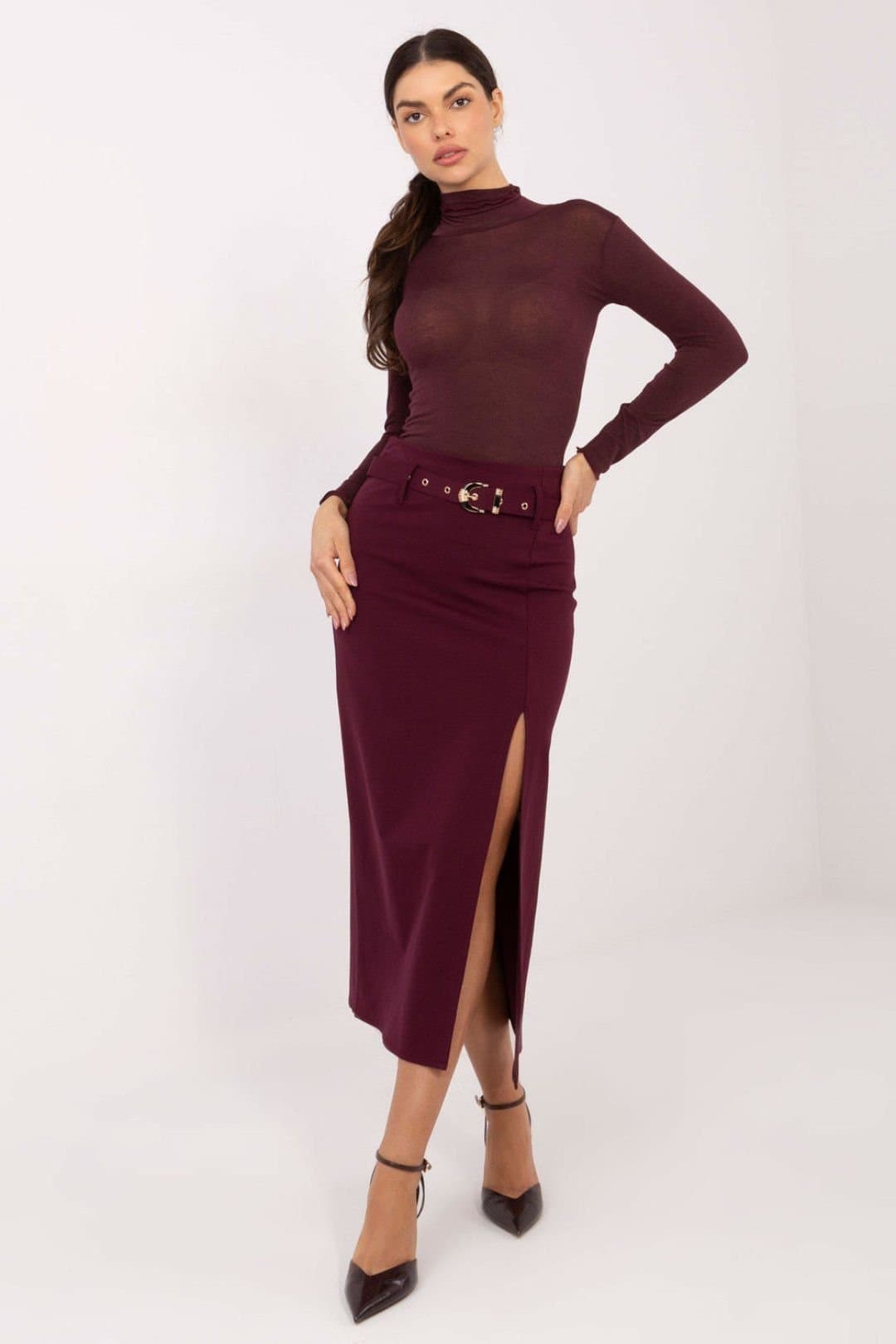 Love Lace Love Lace Burgundy Viscose/Nylon Midi Skirt with Front Slit Belt