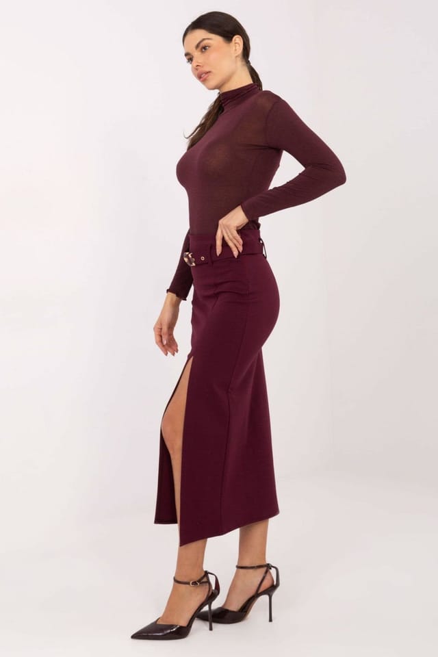 Love Lace Love Lace Women's Elegant Drape Midi Skirt with Front Slit Belt in Burgundy - 2