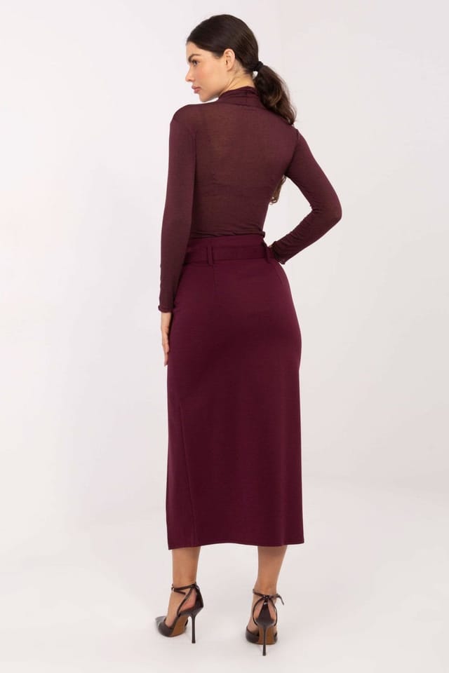 Love Lace Love Lace Women's Elegant Drape Midi Skirt with Front Slit Belt in Burgundy - 3