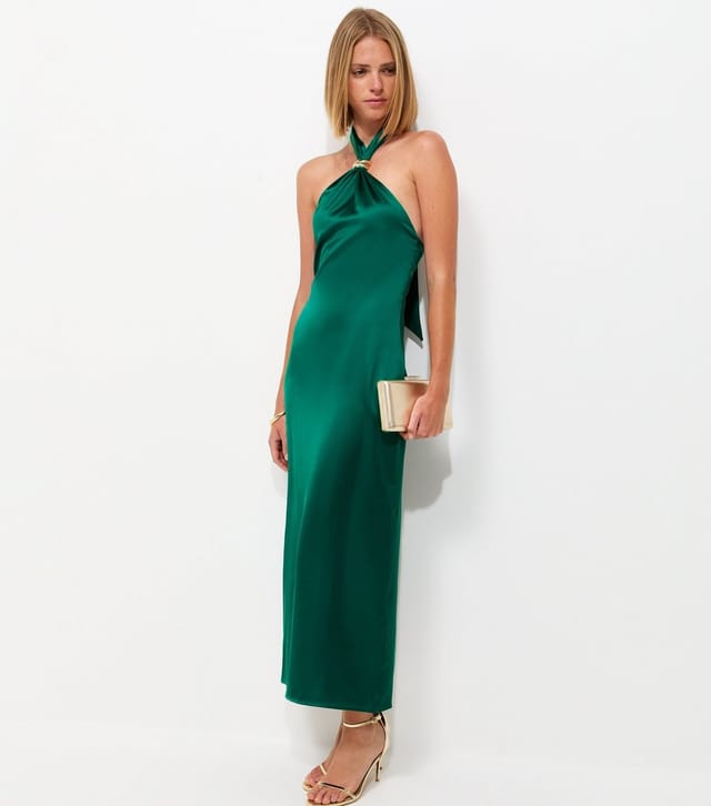 New Look Women's Dark Green Satin Hardware Detail Halter Neck Midi Dress New Look - 3