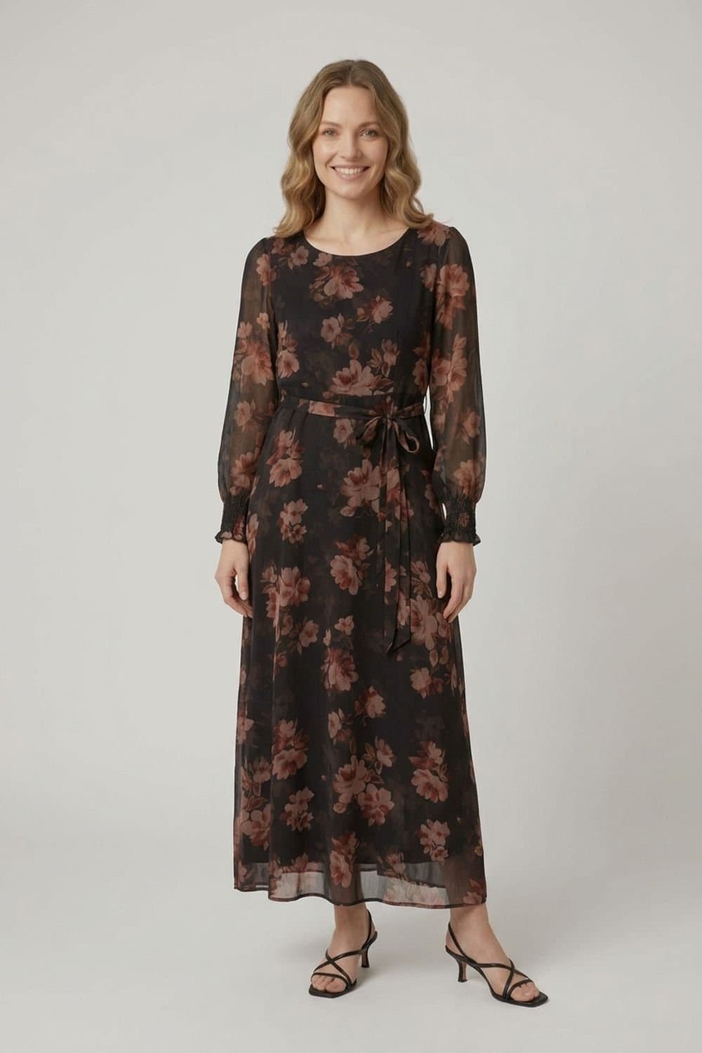 Izabel London Izabel London Women's Floral Semi Sheer Layered Tie Midi Dress in Black