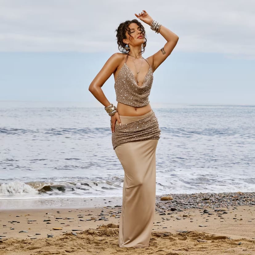 EGO Low Rise Textured Sequin Panel Ruched Maxi Skirt In Beige, Women's Size UK 6 - 1