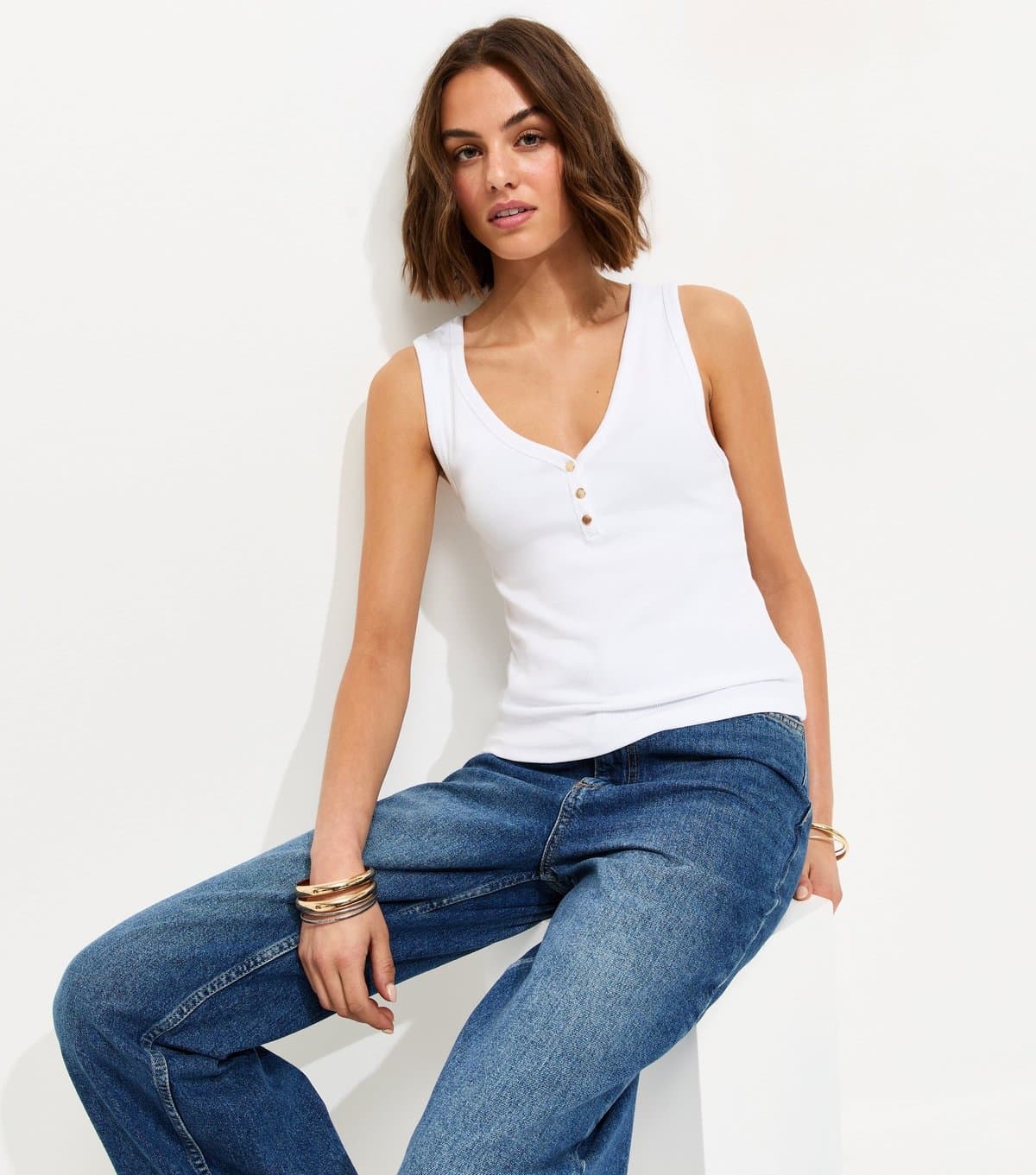 New Look Women's White Cotton Rich Gold Tone Button Henley Vest Top New Look