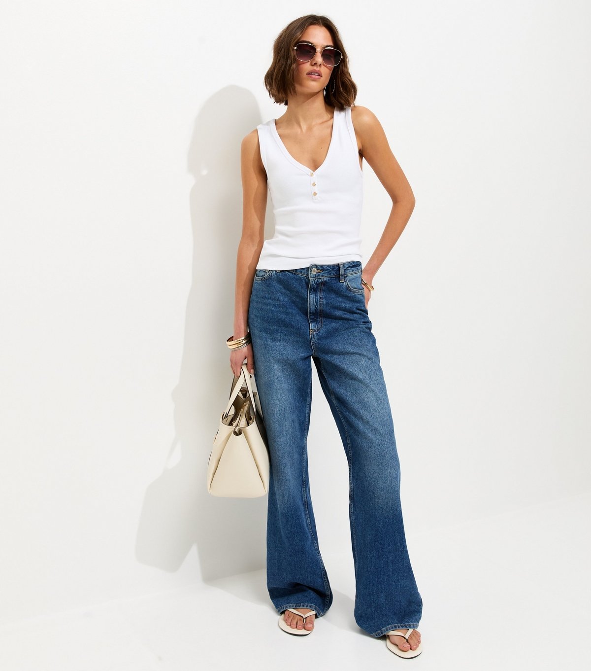 New Look Women's White Cotton Rich Gold Tone Button Henley Vest Top New Look - 3