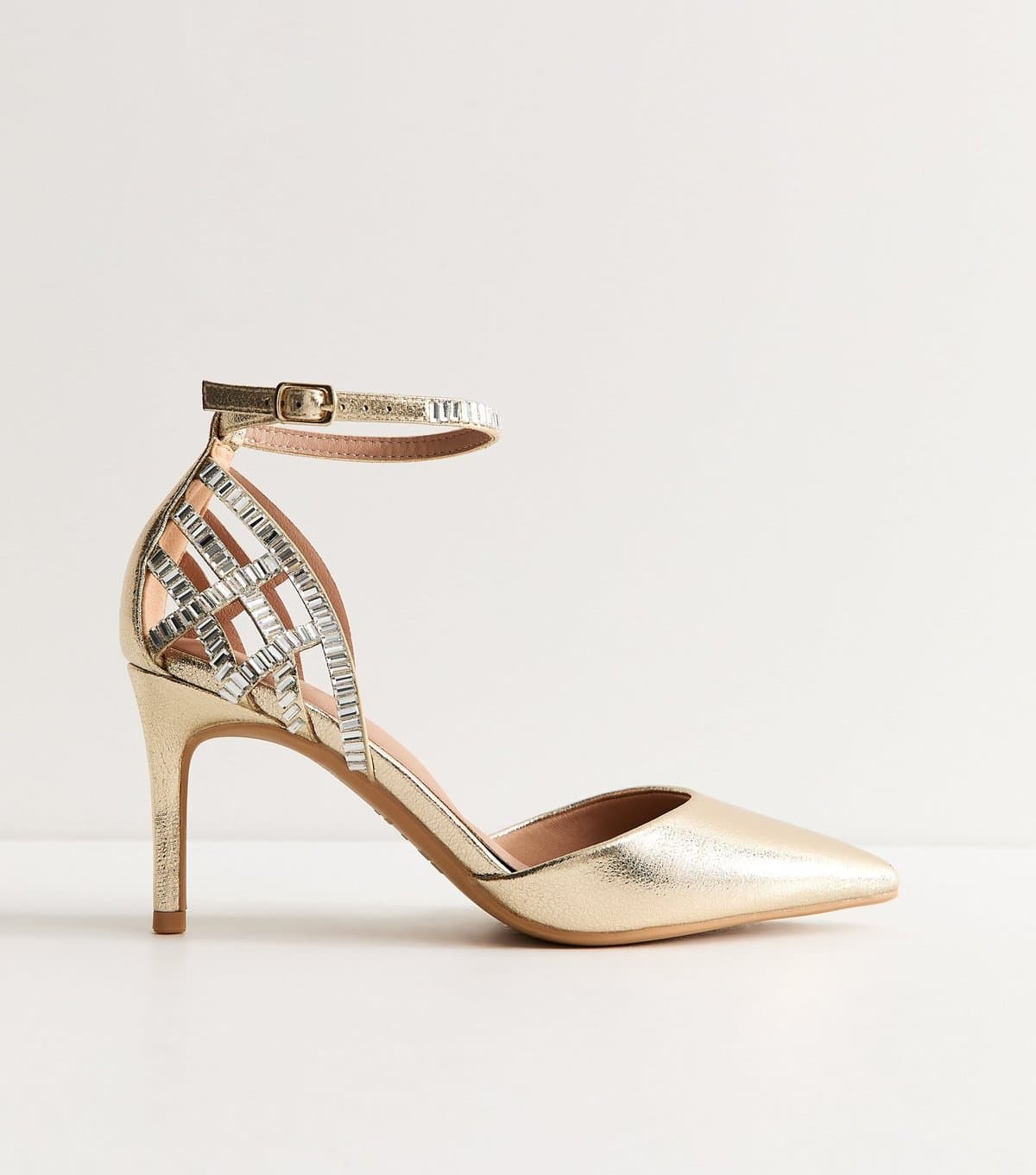 New Look Women's Gold Faux Leather Diamanté Cage Court Shoes Vegan New Look