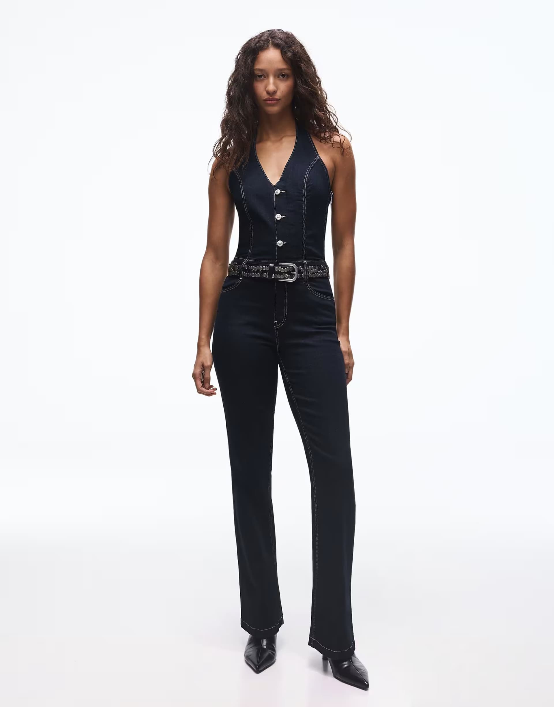 ASOS Bershka Denim long jumpsuit in blue
