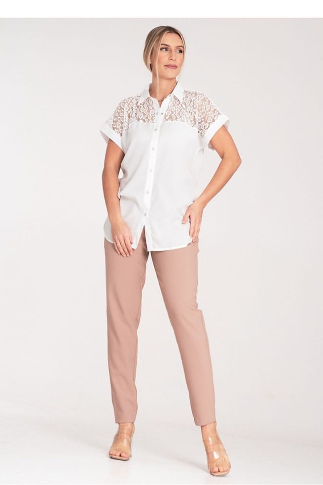Love Lace Love Lace Women's Extended Cut Sheer Mottled Short Sleeve Shirt in White - 2