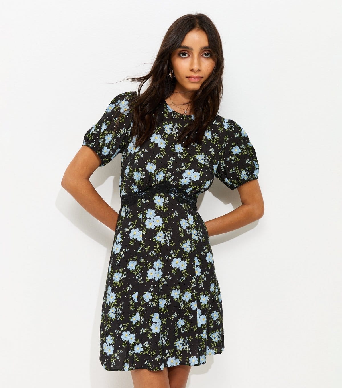 New Look Black Floral Print Lace Trim Mini Dress