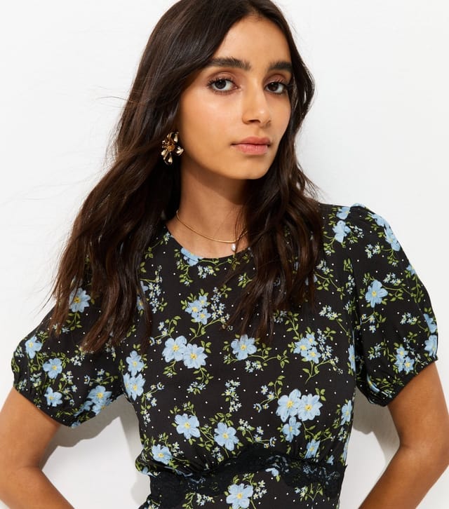 New Look Women's Black Floral Print Lace Trim Mini Dress New Look - 3