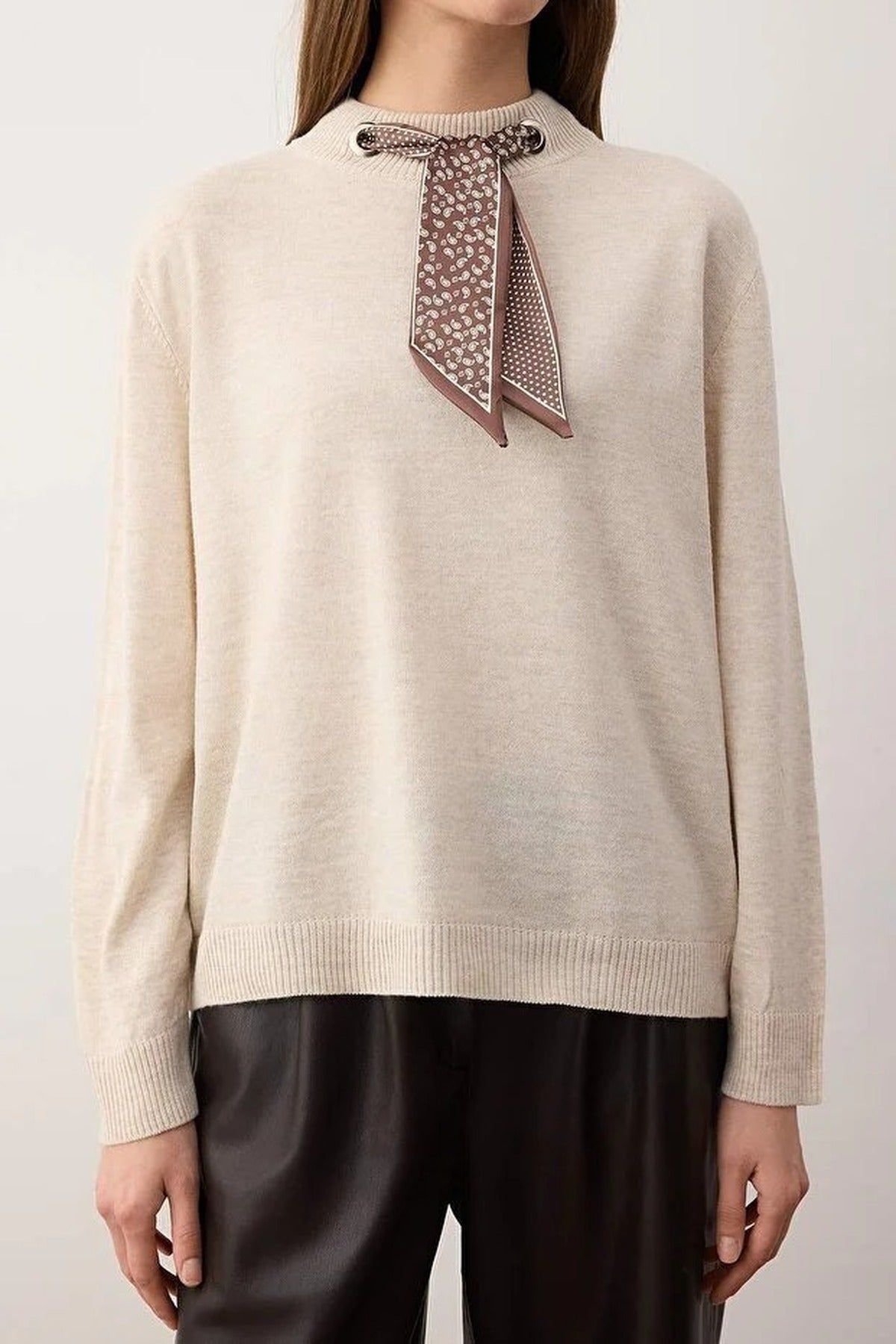 WOVCOR WOVCOR Women's Scarf Collar Detail Soft Knit Jumper in Beige - 2