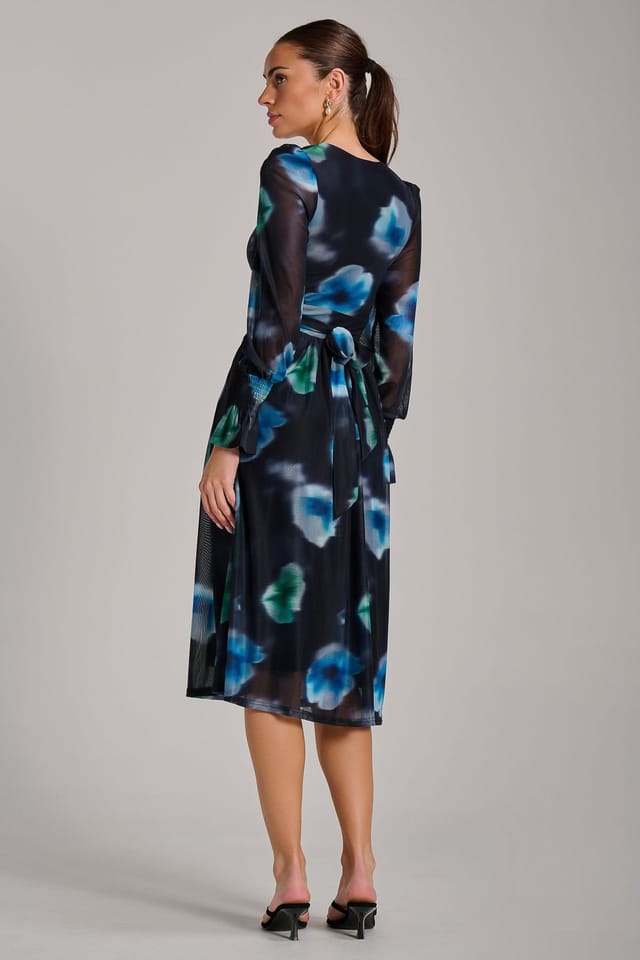 Jolie Moi Jolie Moi Women's Long Sleeve Printed Mesh Midi Dress in Black - 2