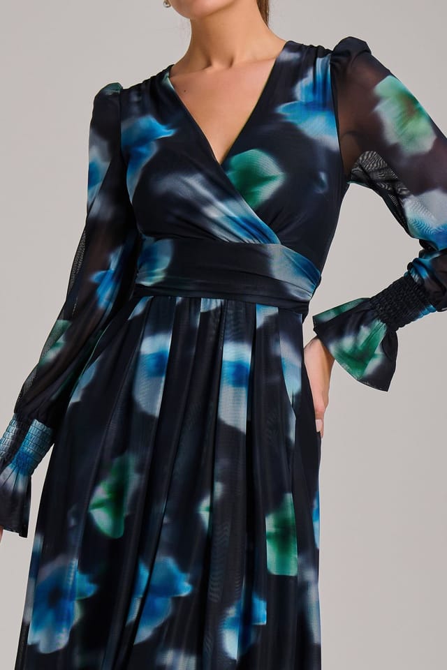 Jolie Moi Jolie Moi Women's Long Sleeve Printed Mesh Midi Dress in Black - 3
