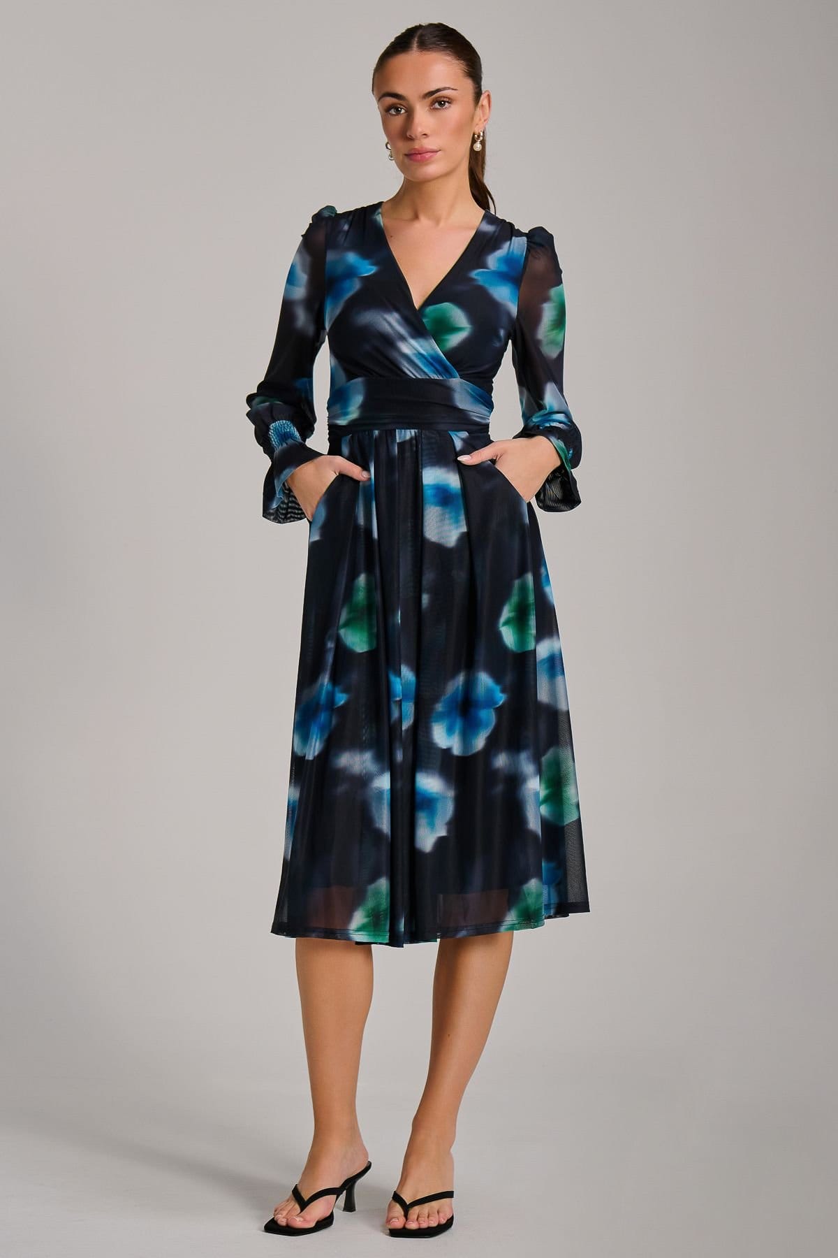 Jolie Moi Jolie Moi Women's Long Sleeve Printed Mesh Midi Dress in Black - 4