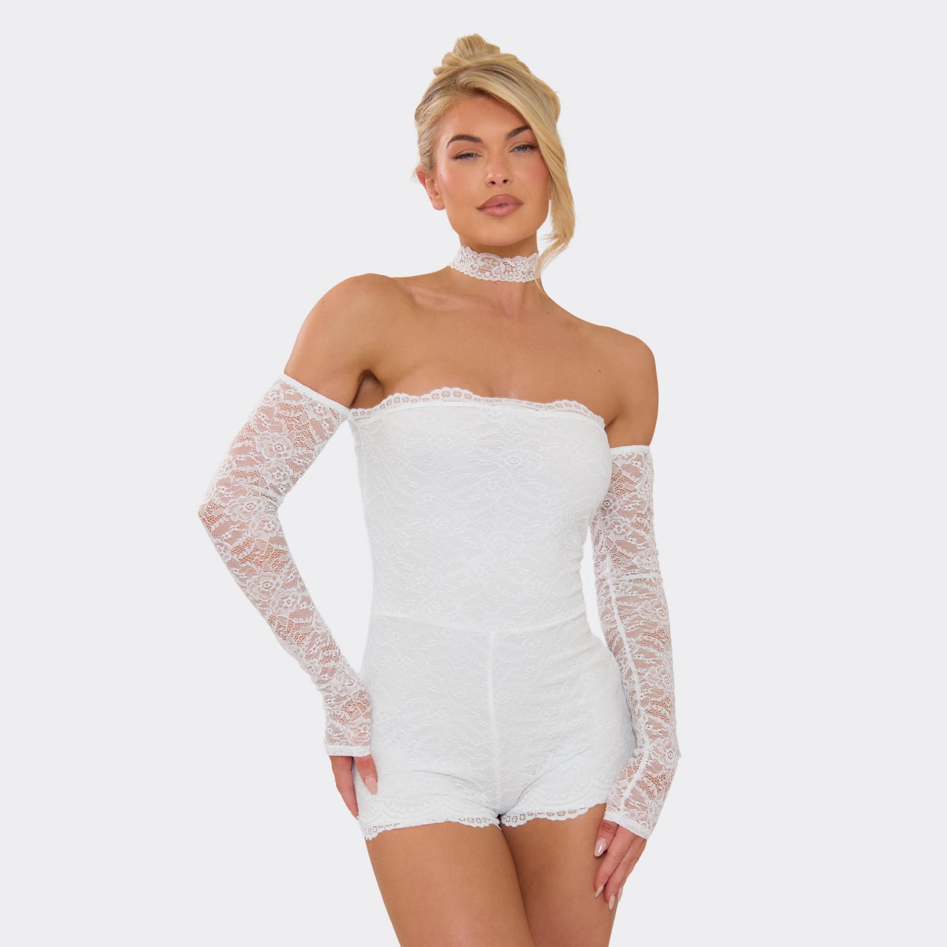 EGO Bardot Choker Detail Playsuit In White Lace, Women's Size UK 6