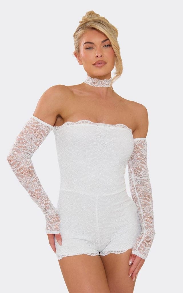 EGO Bardot Choker Detail Playsuit In White Lace, Women's Size UK 6 - 2