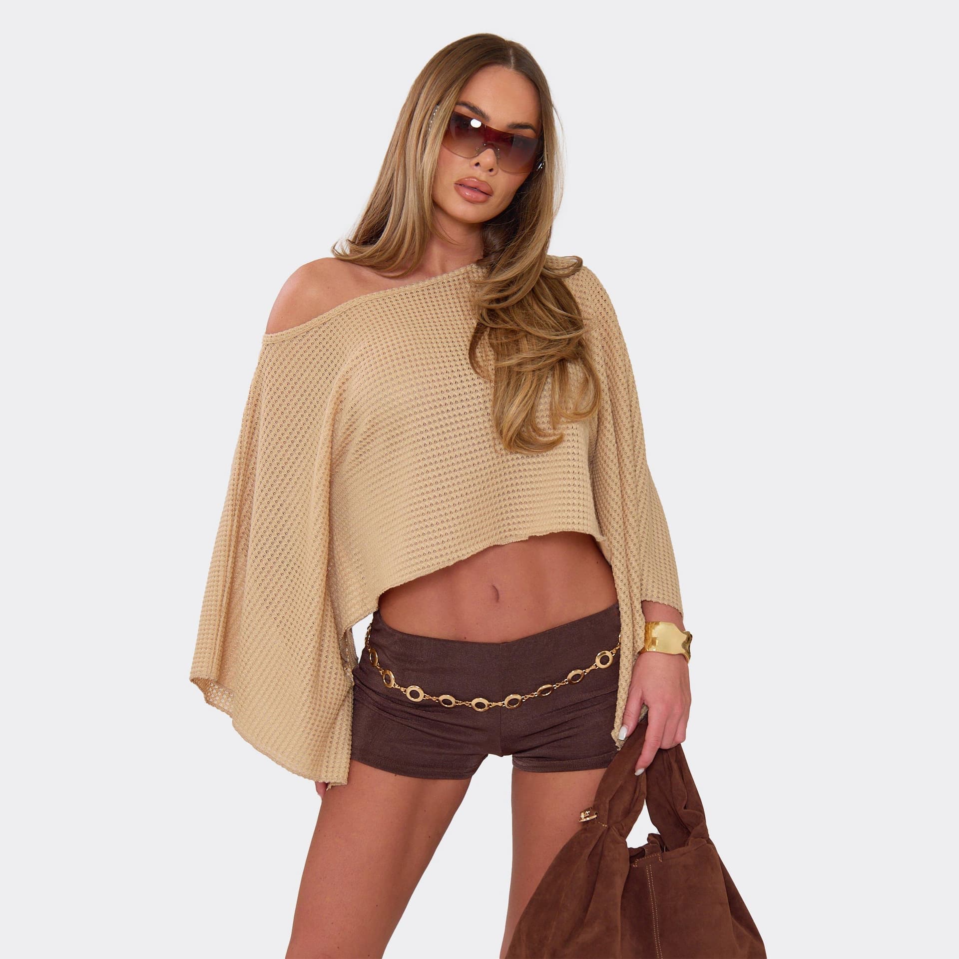 EGO EGO Stone Linen Look Off-Shoulder Cape Top