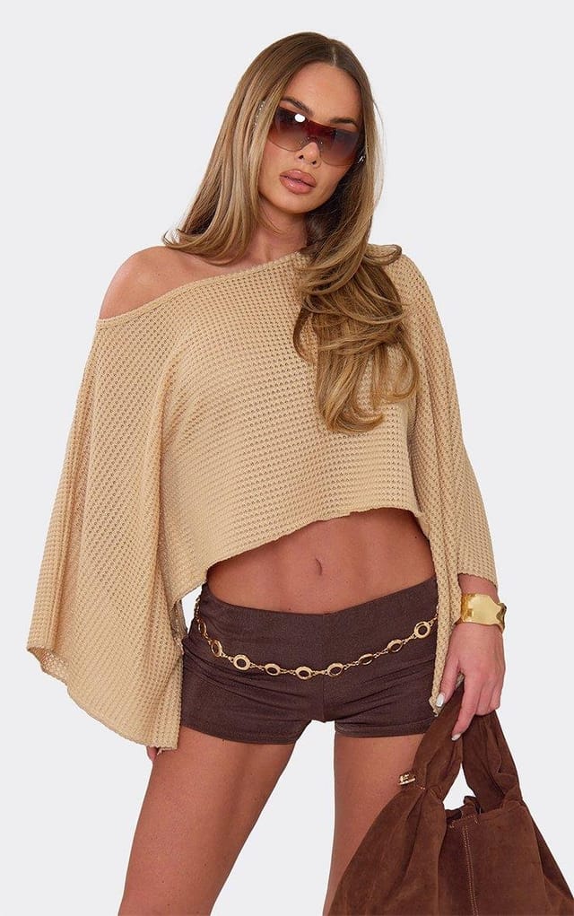 EGO Off The Shoulder Asymmetric Cape Top In Stone, Women's Size UK 6 - 2