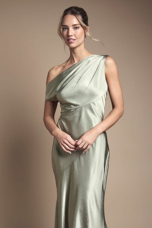 Coast Coast Women's Satin Off-One Shoulder Slinky Bridesmaid Fishtail Maxi Dress in Olive - 2