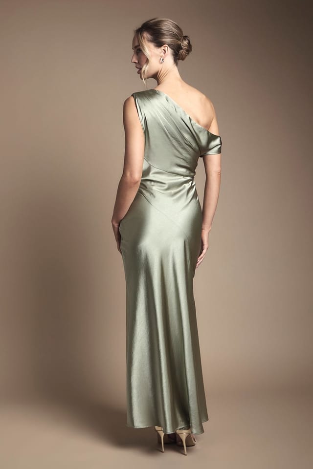 Coast Coast Women's Satin Off-One Shoulder Slinky Bridesmaid Fishtail Maxi Dress in Olive - 3