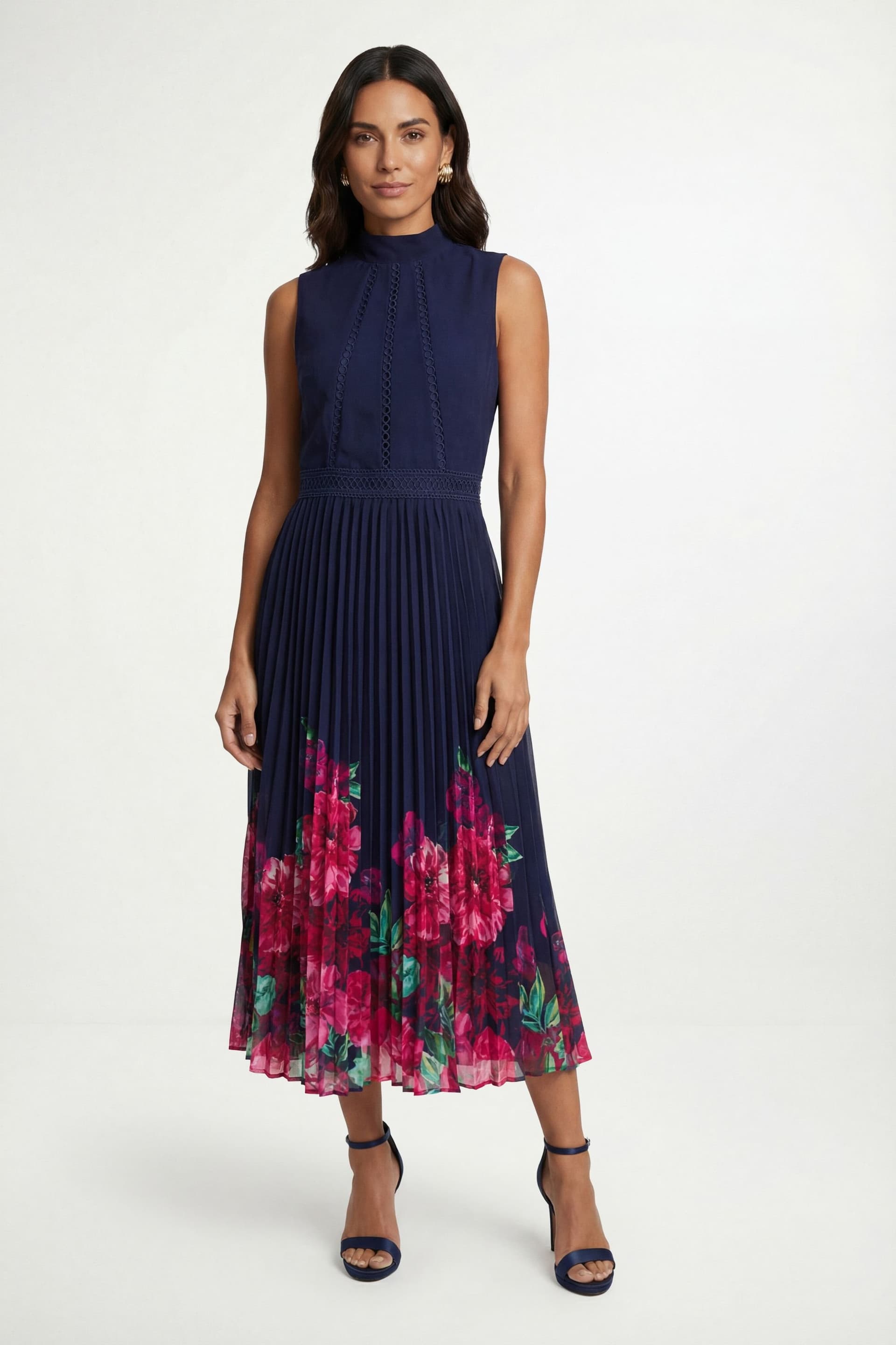 Wallis Wallis Women's Floral Lace Insert Pleated Midi Dress in Navy