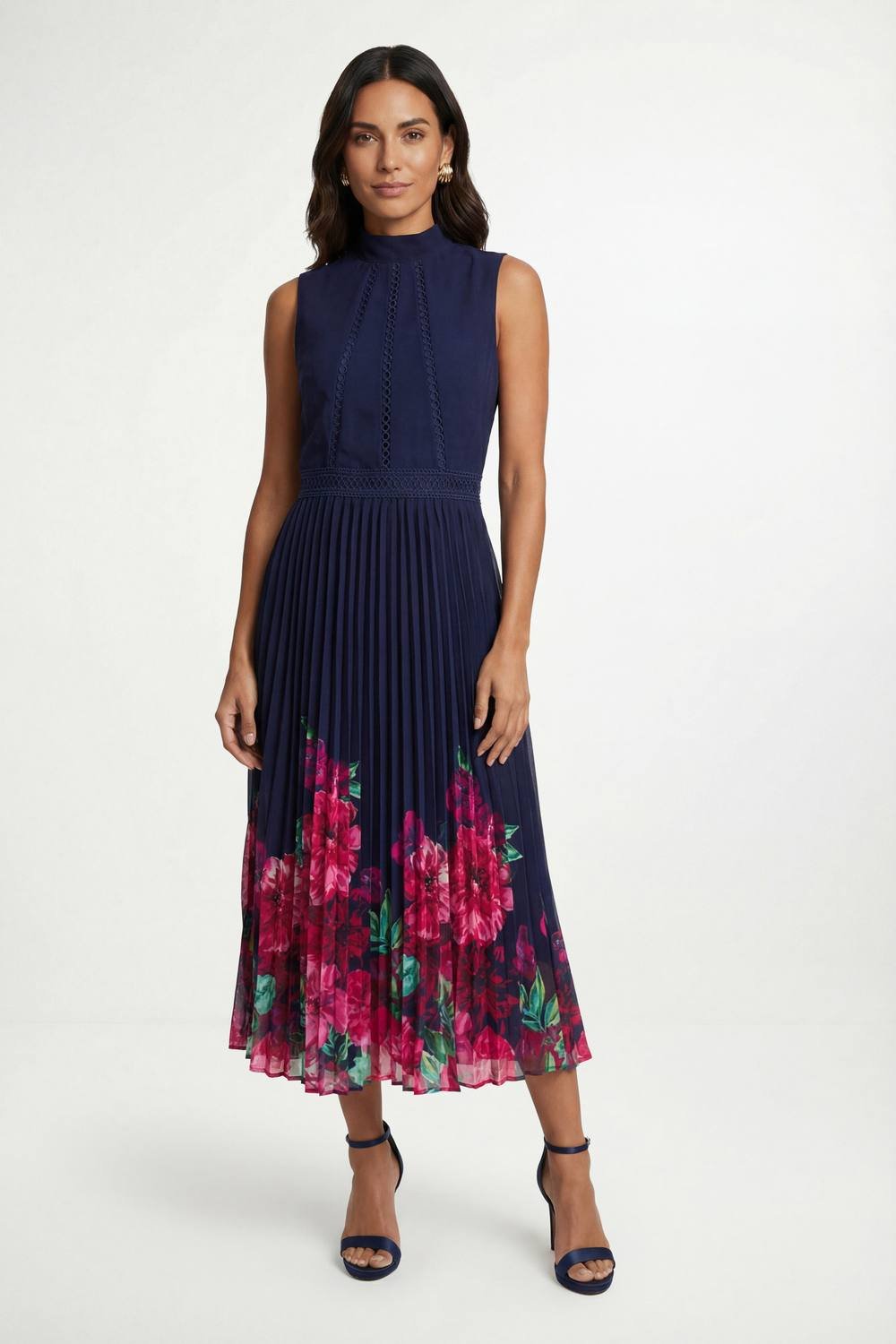 Wallis Wallis Women's Floral Lace Insert Pleated Midi Dress in Navy - 2