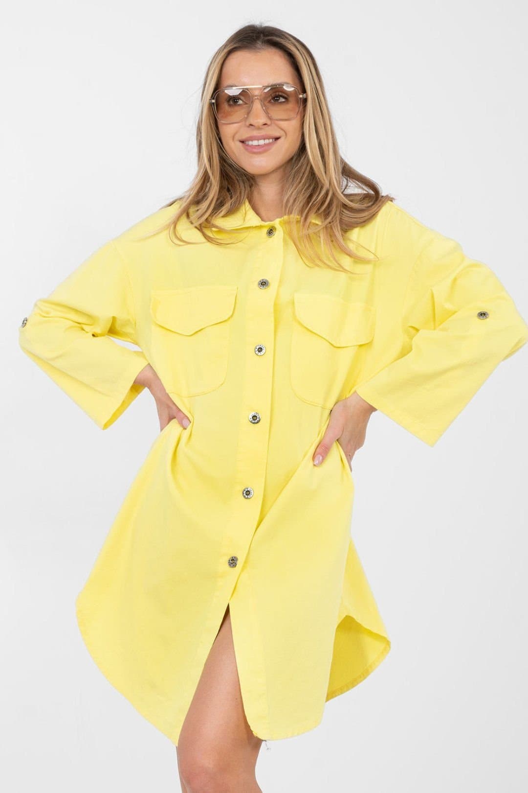 Love Lace Love Lace Women's Cotton Elastane Shirt Dress with Pockets Style 223799 in Yellow