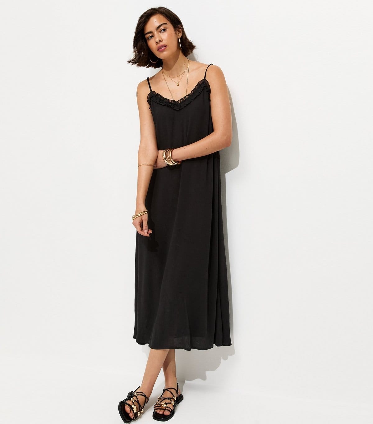 New Look Black Chiffon Frilly Strappy Midi Dress