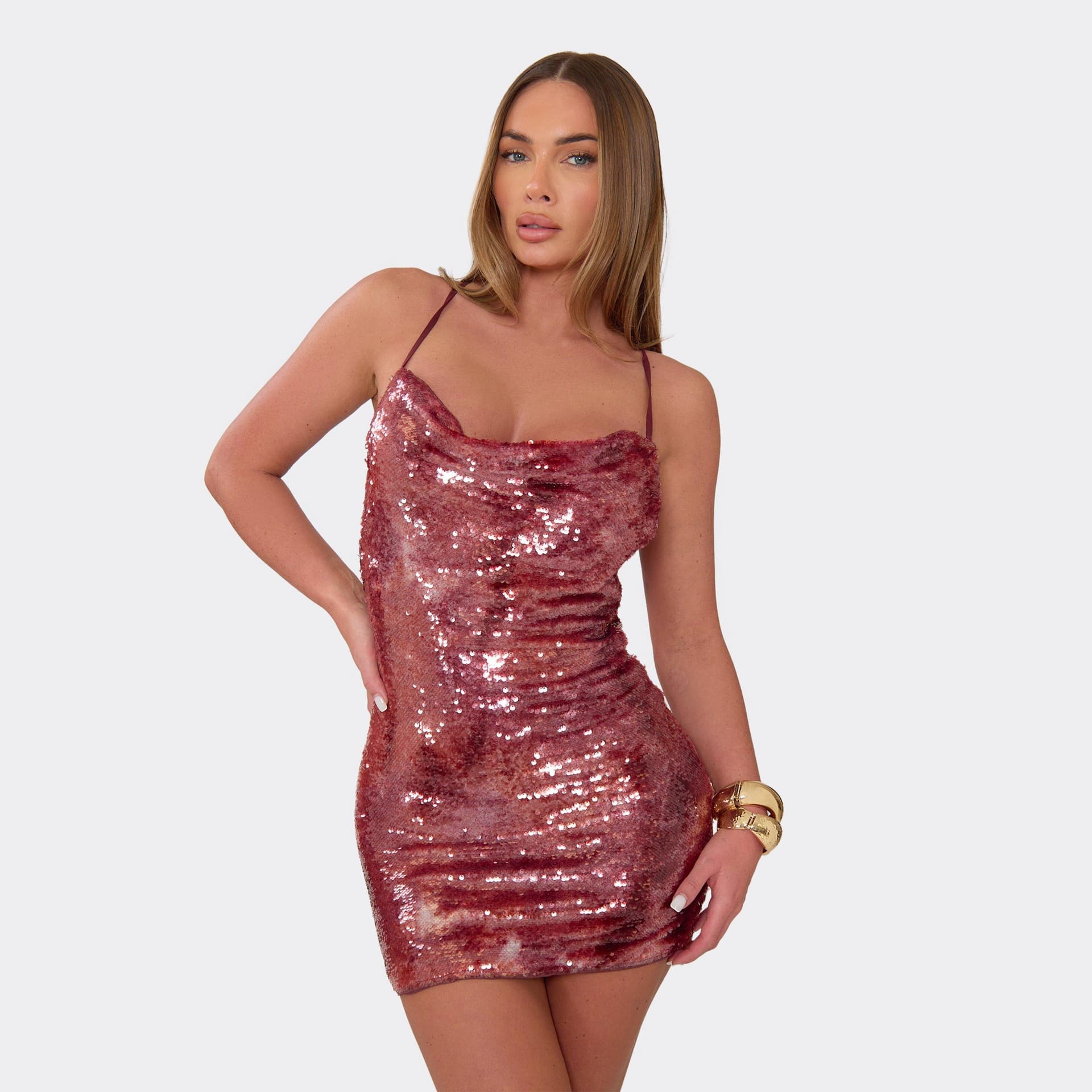 EGO Cowl Neck Cross Back Fitted Mini Dress In Red Textured Sequin, Women's Size UK 6