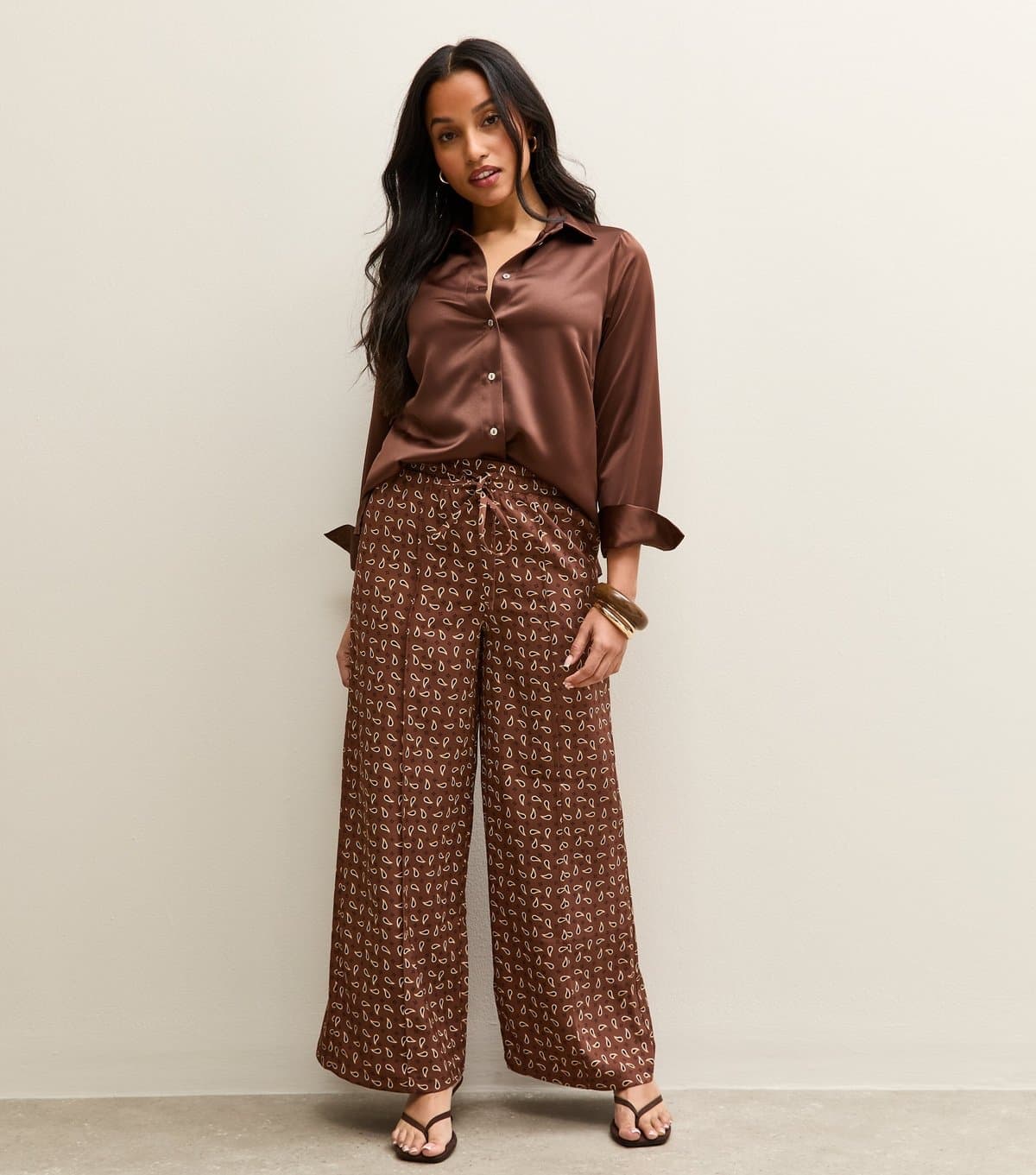 New Look Women's Petite Brown Satin Paisley Wide Leg Trousers New Look