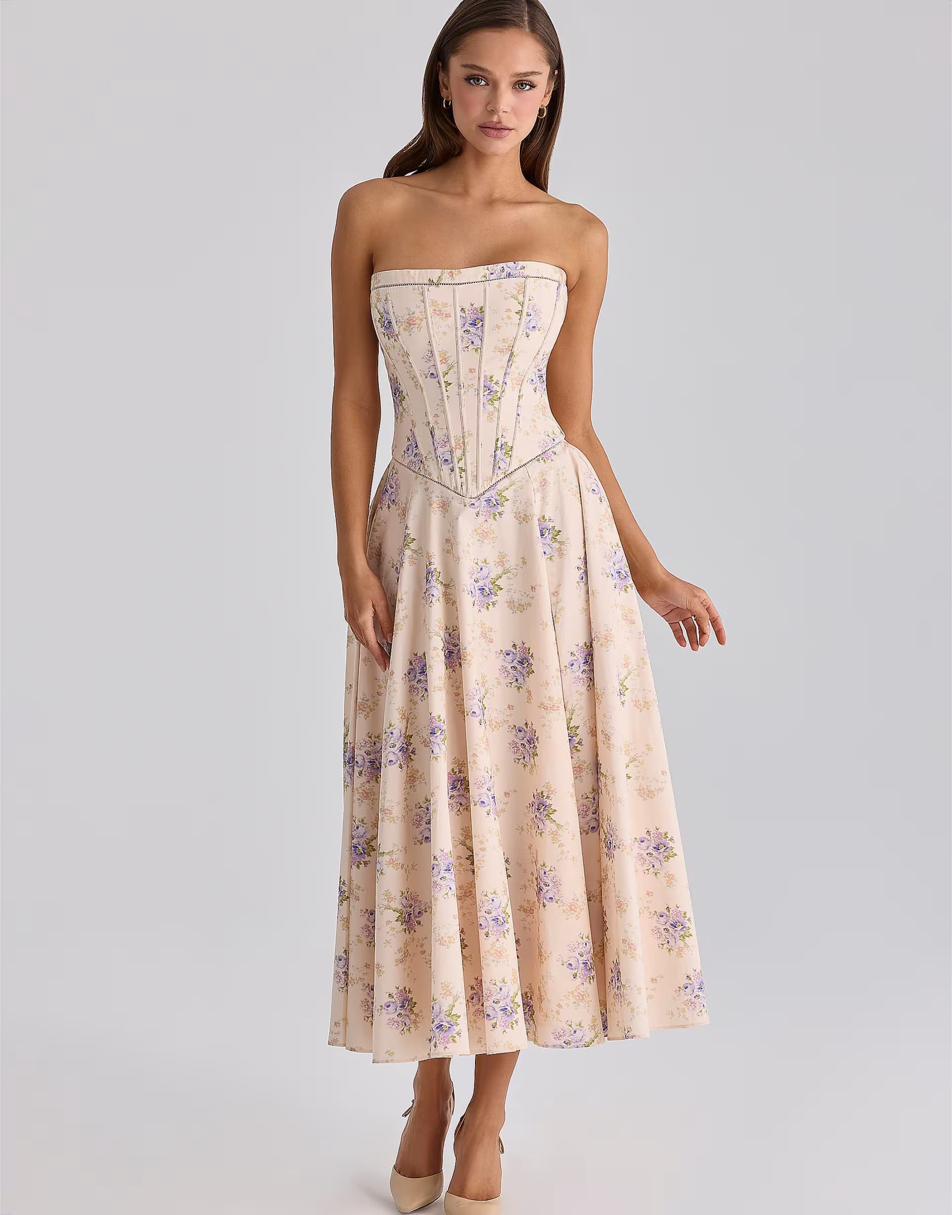ASOS House of CB Gina ivory sweet peony floral print strapless maxi dress in ivory sweet peony floral print