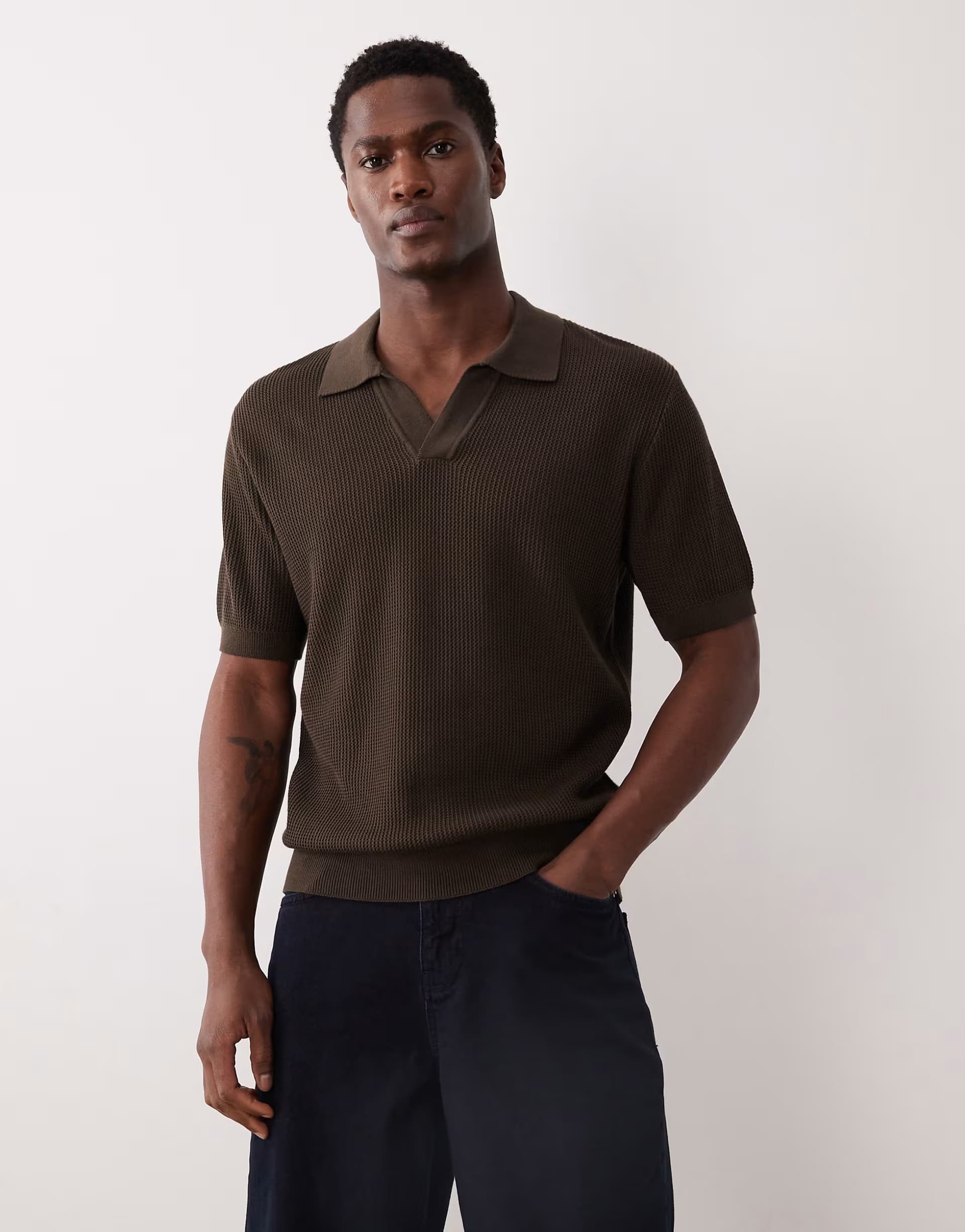 ASOS Mango 100% cotton knitted revere neck short sleeve sweater in brown
