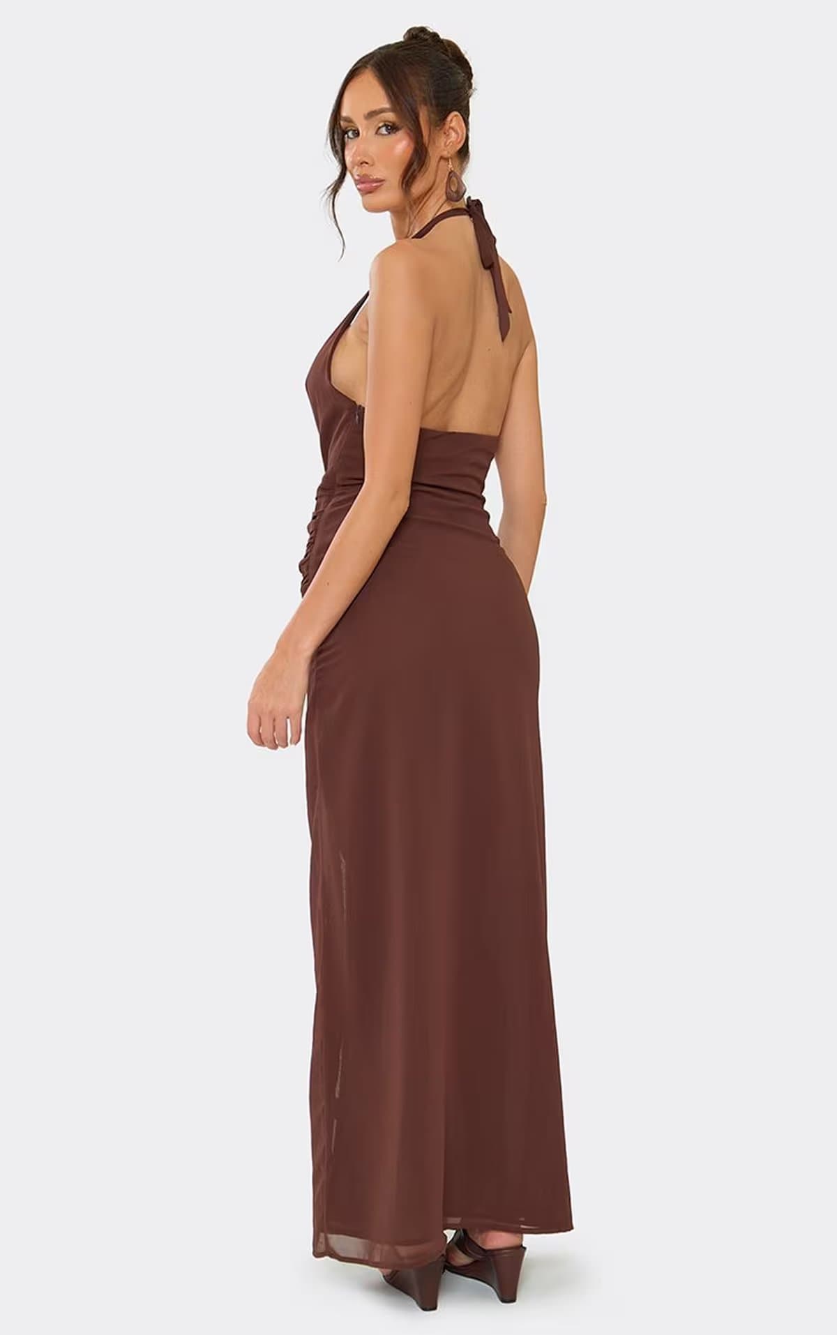 EGO Halterneck Plunge Beaded Detail Side Split Maxi Dress In Brown, Women's Size UK 6