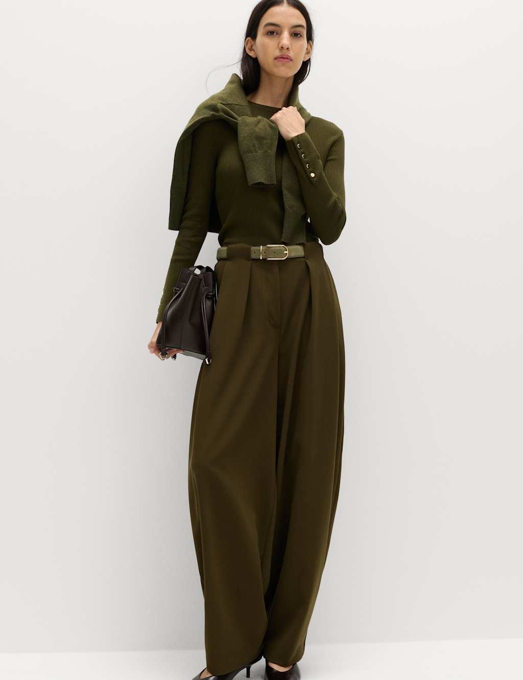 Marks & Spencer M&S Barrel Pleat Front Tapered Trousers Dark Khaki - 1