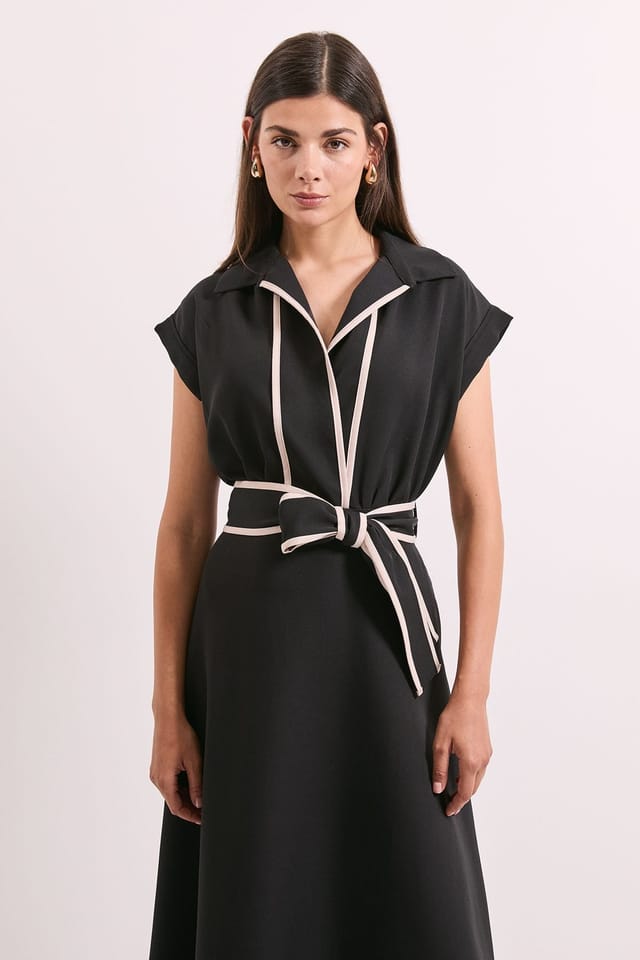 Principles Principles Women's Contrast Tie Waist Midi Dress in Black - 2