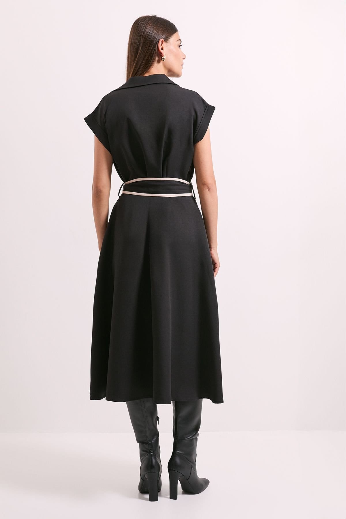 Principles Principles Women's Contrast Tie Waist Midi Dress in Black - 4