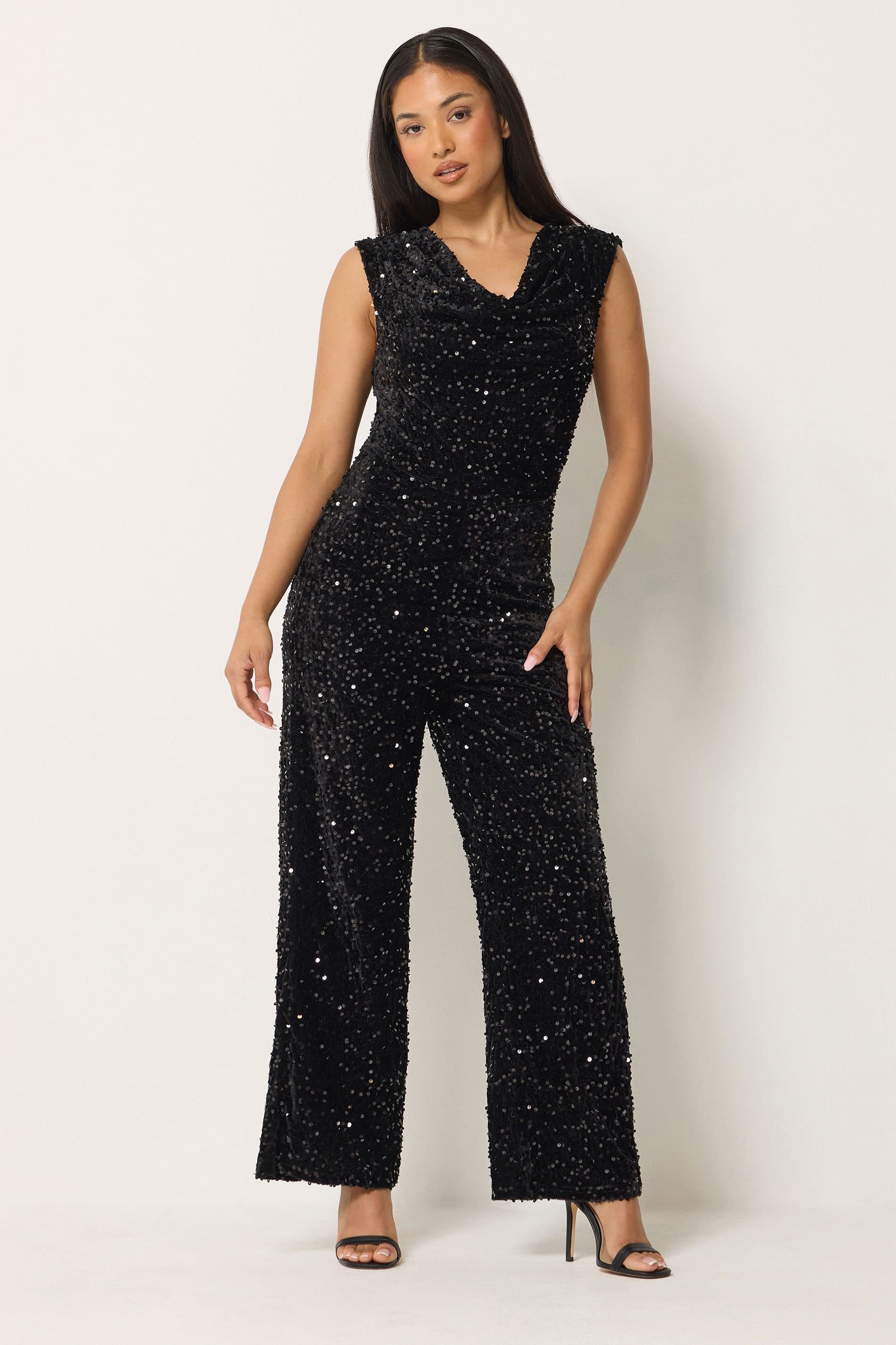 M&Co M&Co Women's Petite Sequin Velvet Cowl Neck Jumpsuit in Black